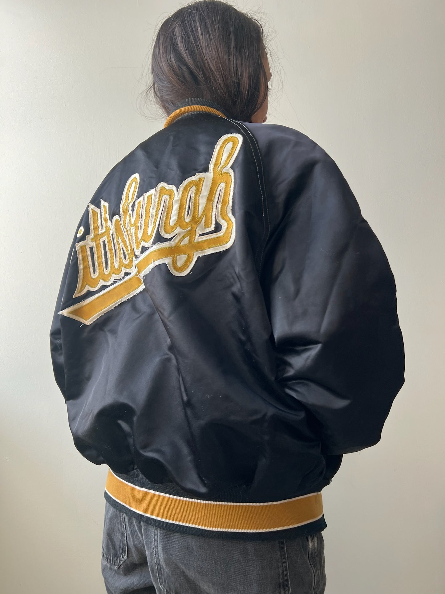 Black Satin Pittsburgh Varsity Jacket