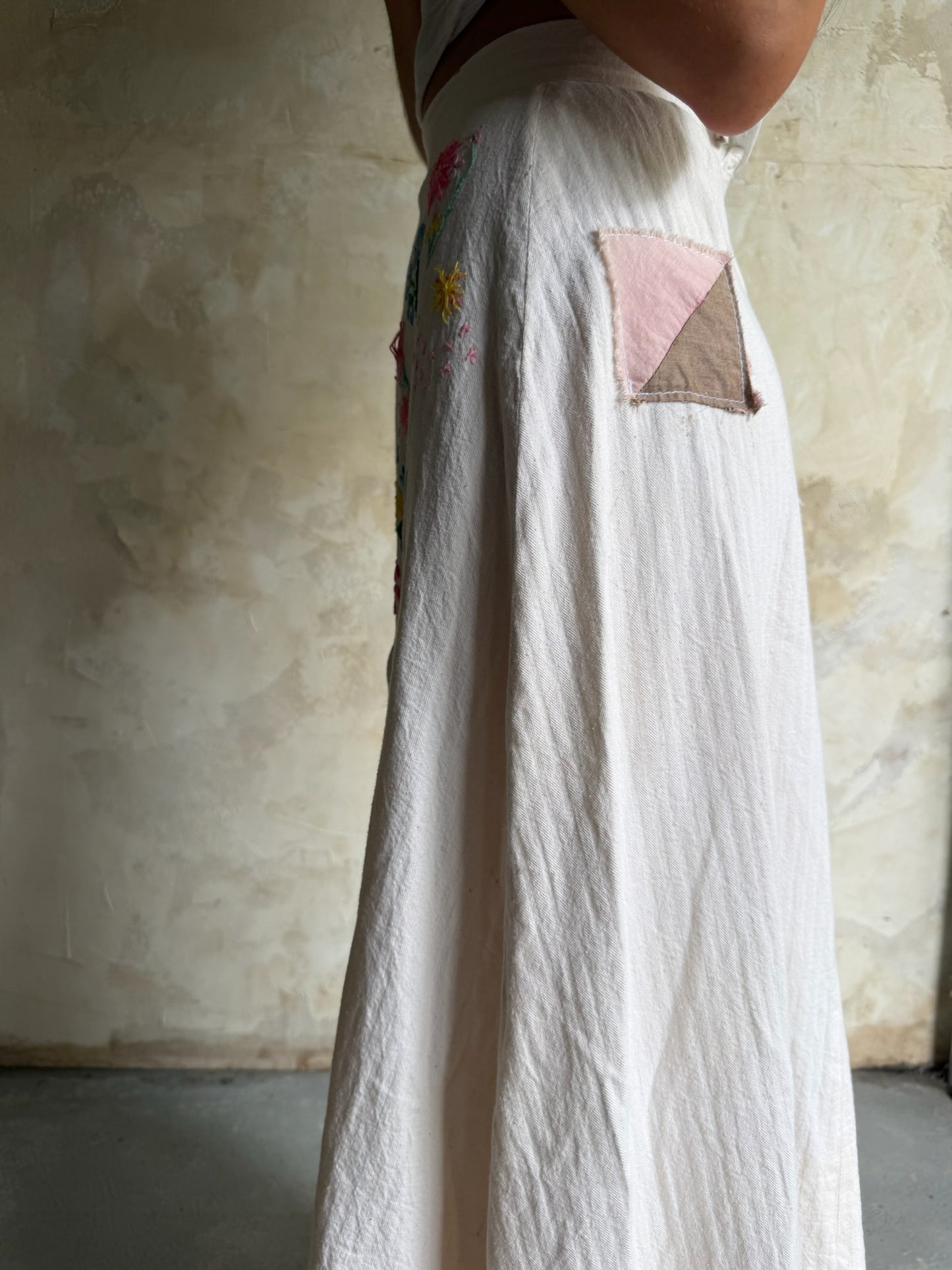 Handmade Natural Twill Embroidered Skirt