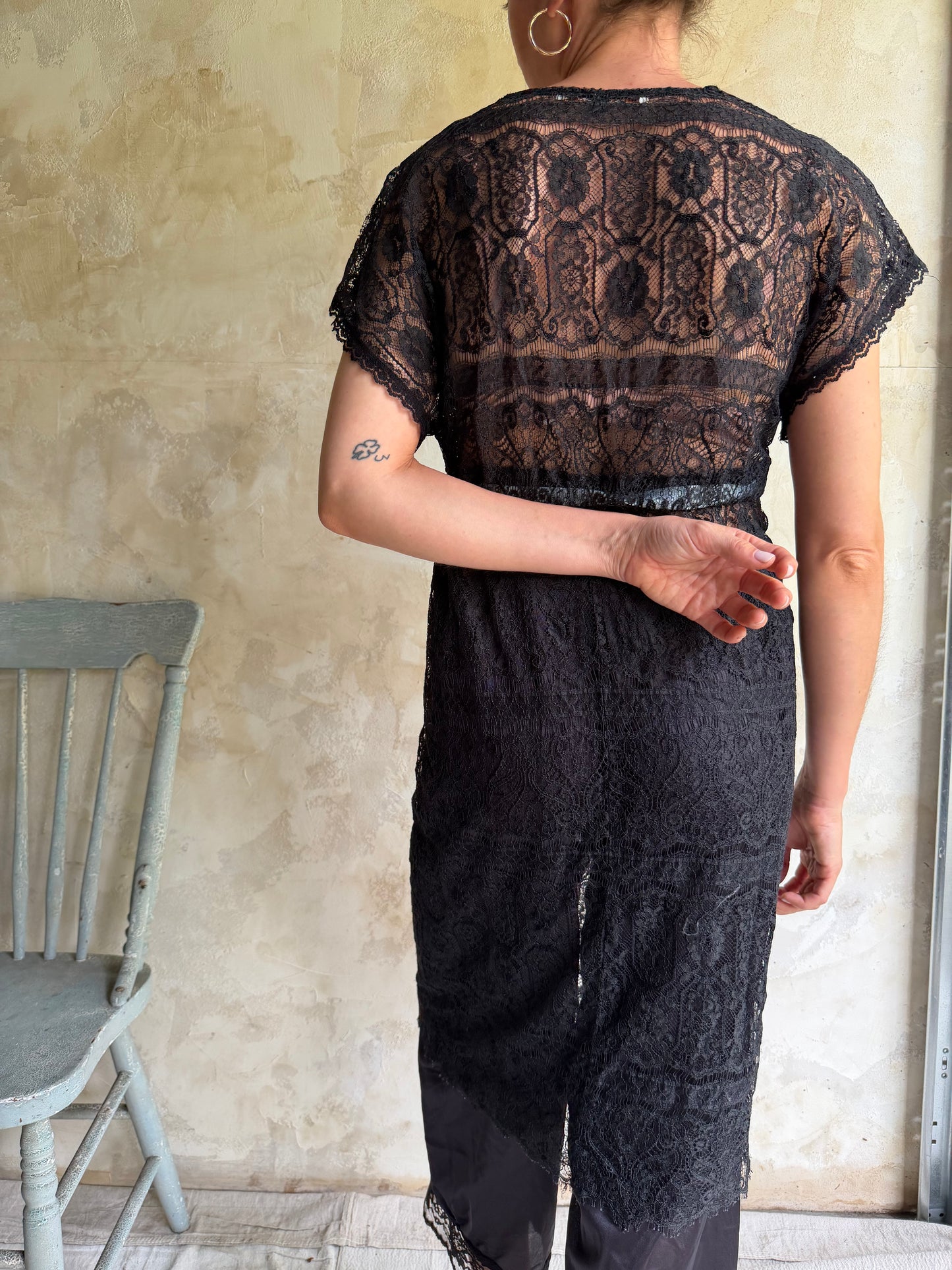 Black Lace Sheer Dress w Blue Satin Bow