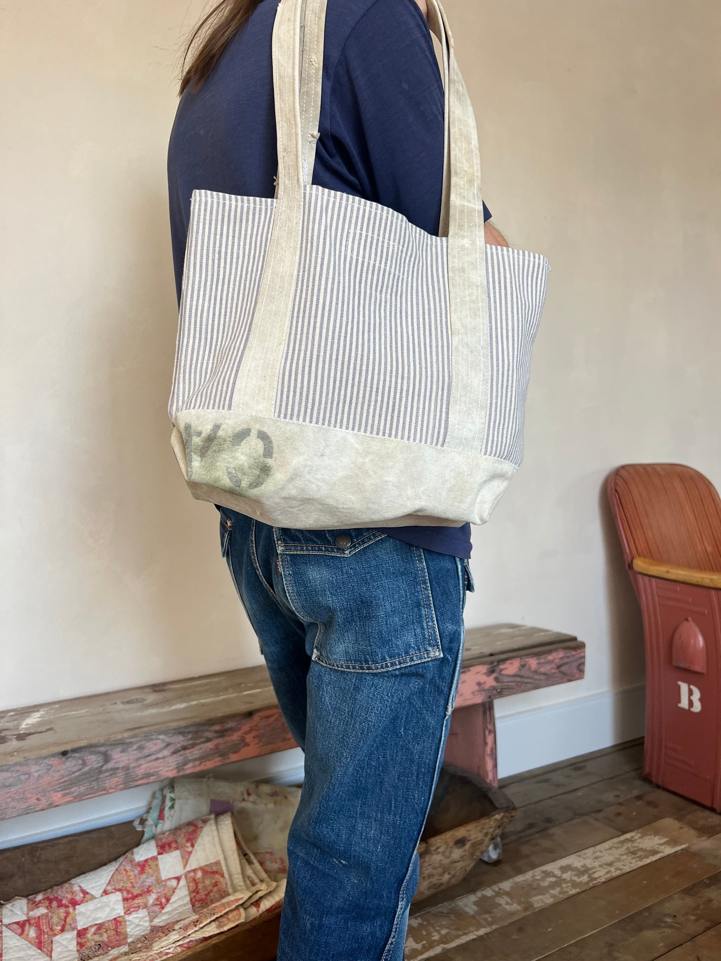 Stamped Blue + White Striped Mini Boat + Tote Bag