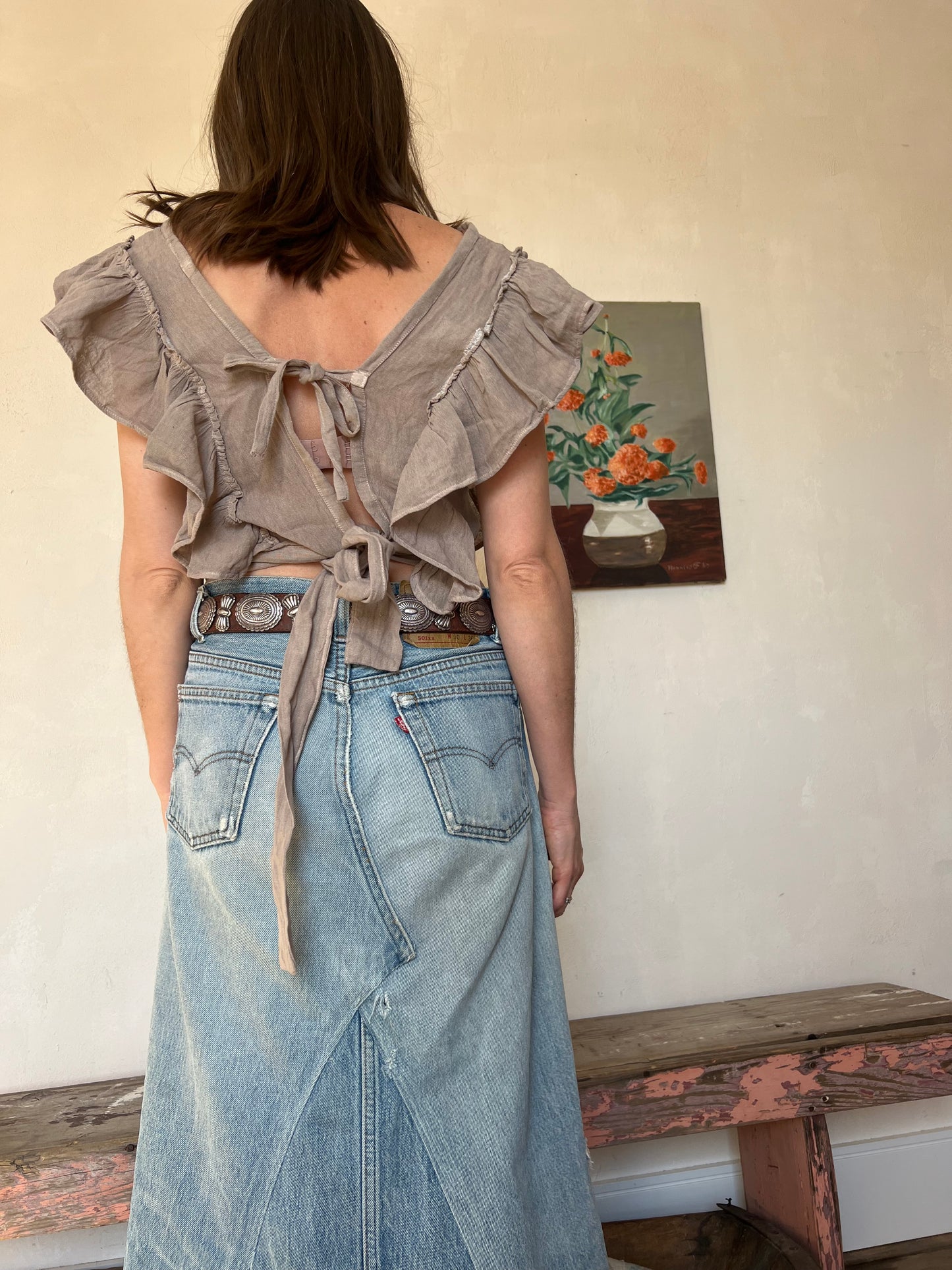 Oaxacan Taupe Ruffle Tie Top