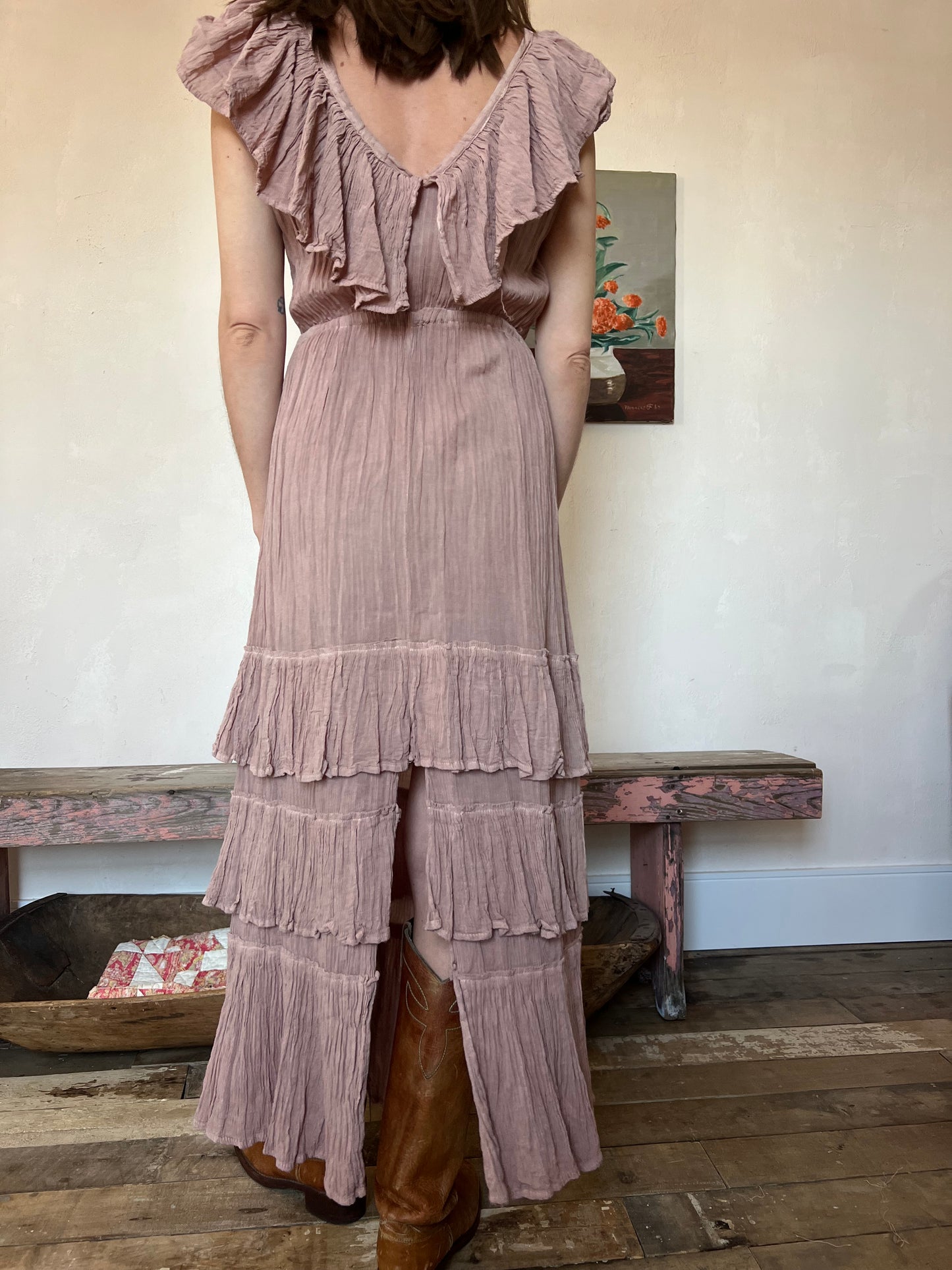 Oaxacan Off the Shoulder Tiered Ruffle Dress in Dusty Rose