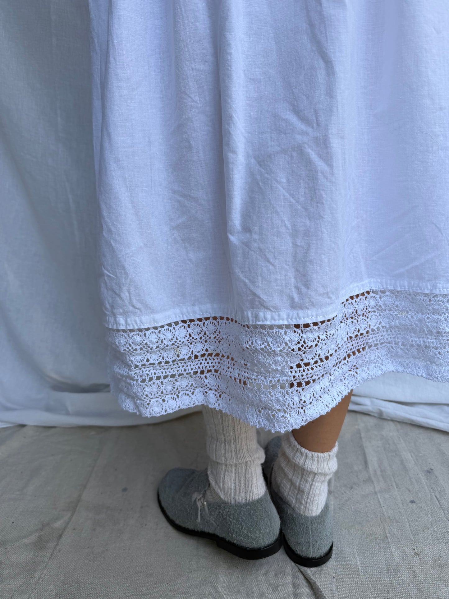 Antique Italian White Cotton Skirt w Crochet Trim