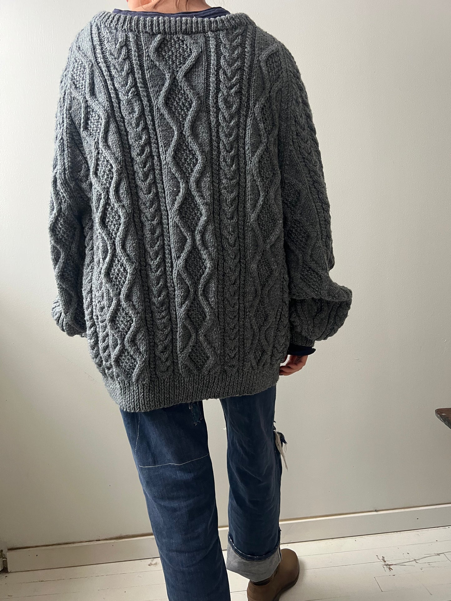 Blue Grey Handmade Cable-knit Sweater