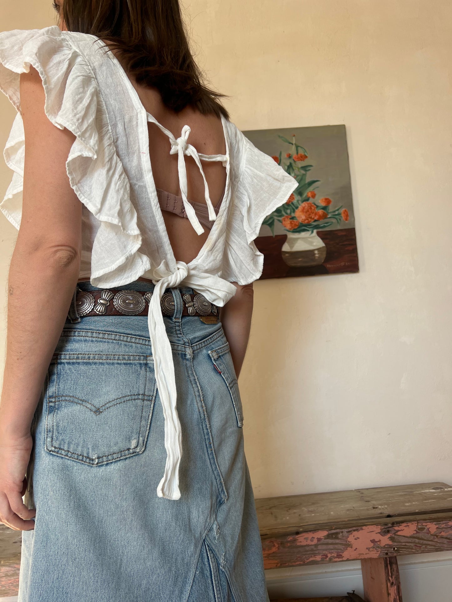 Oaxacan White Ruffle Tie Top