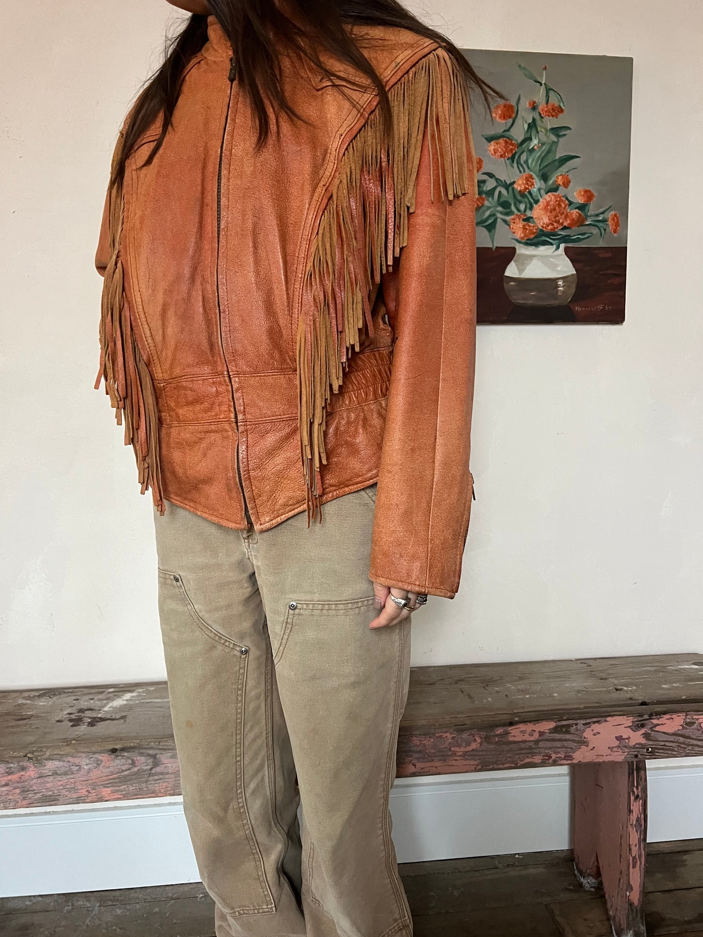 Copper Leather Fringe Jacket