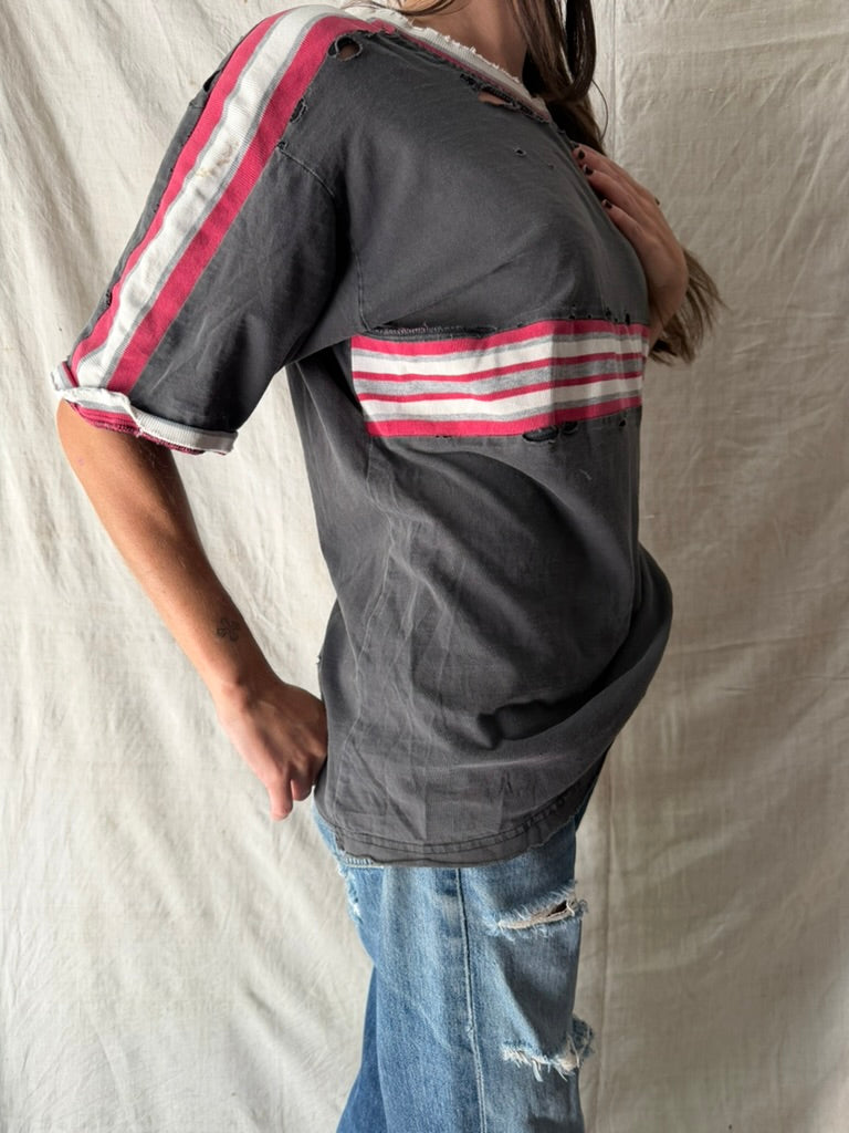 Super Distressed Grey + Red Striped Tee