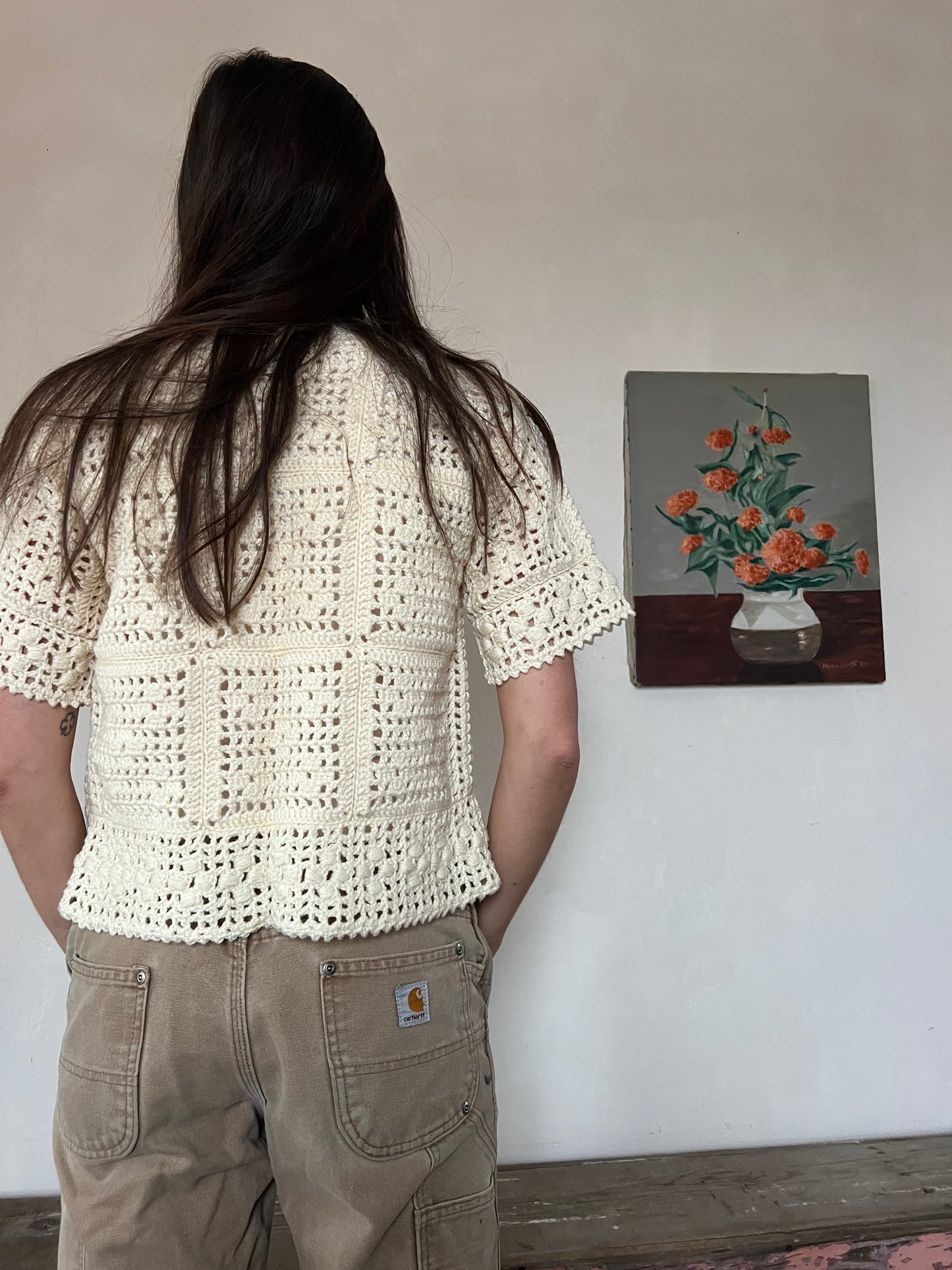 Crochet Cream Tee with Red Velvet Bow