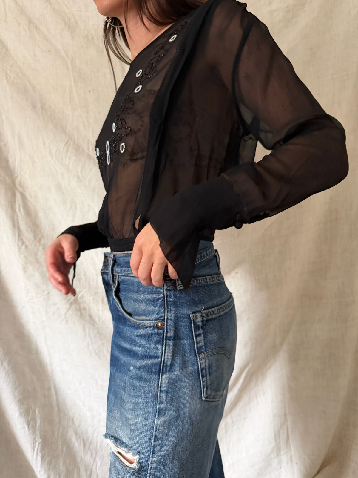 Antique Black Beaded Silk Blouse