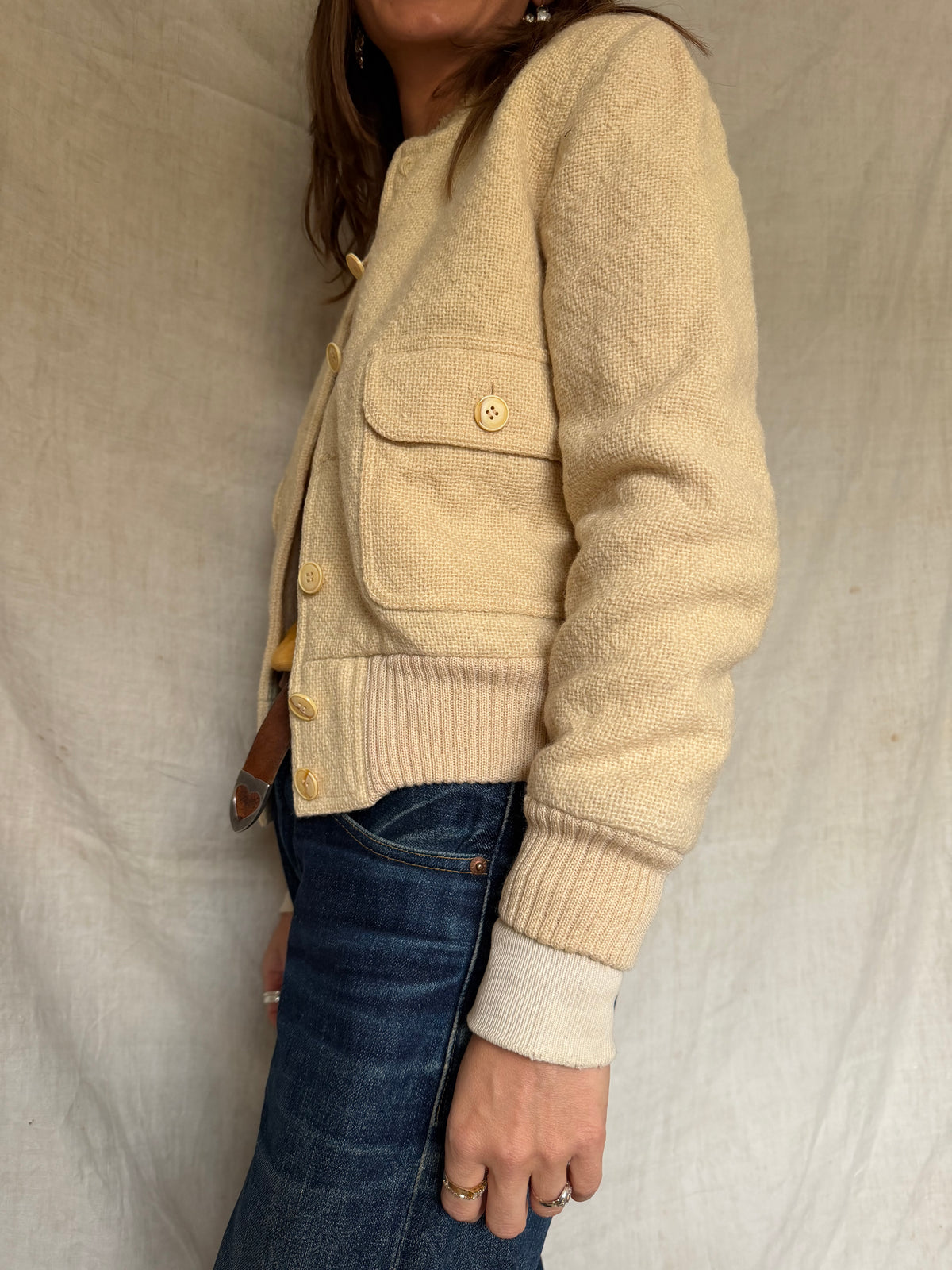 Cream Wool Knit Bomber Jacket