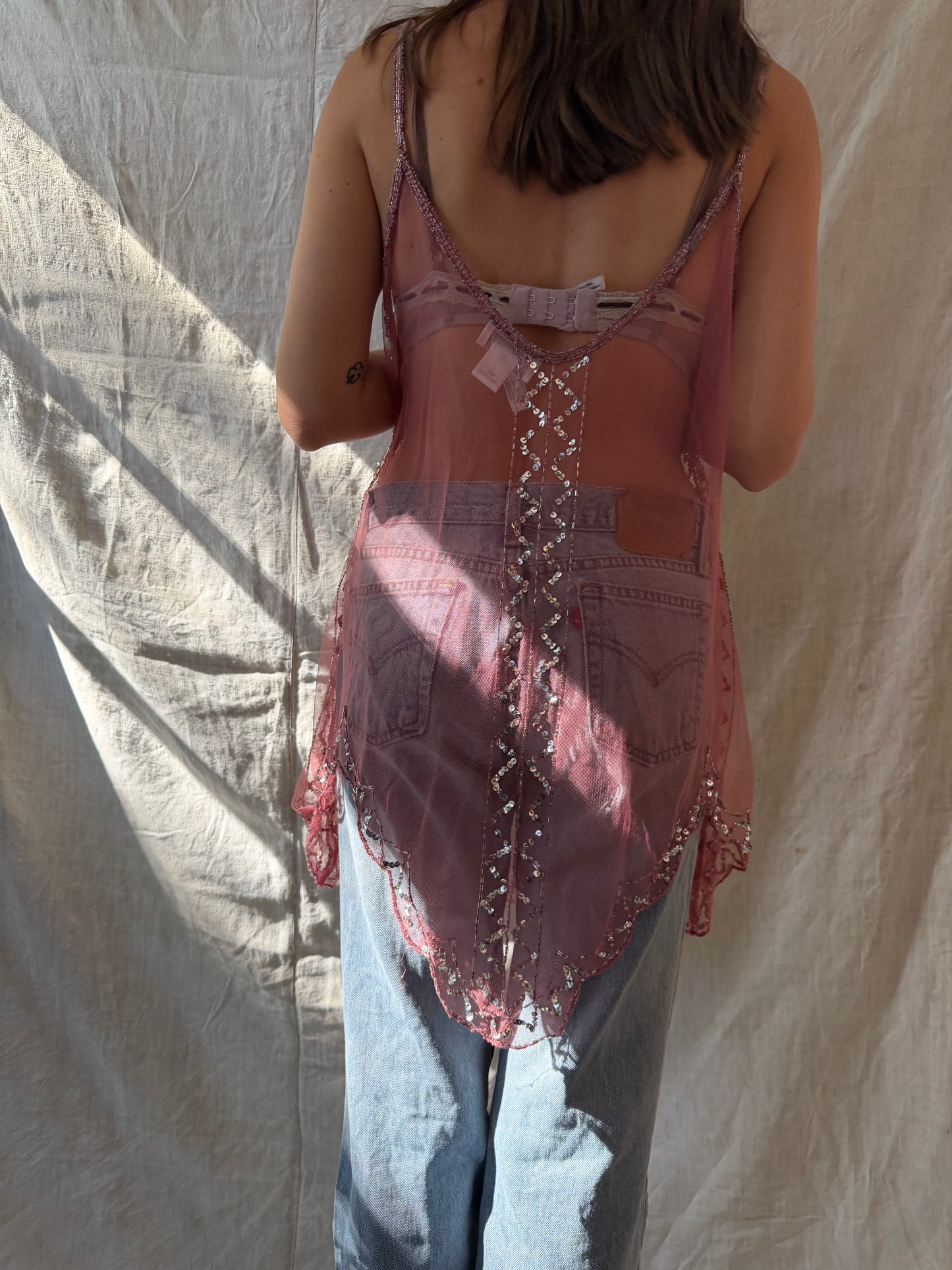 Pink Beaded Mesh Tank