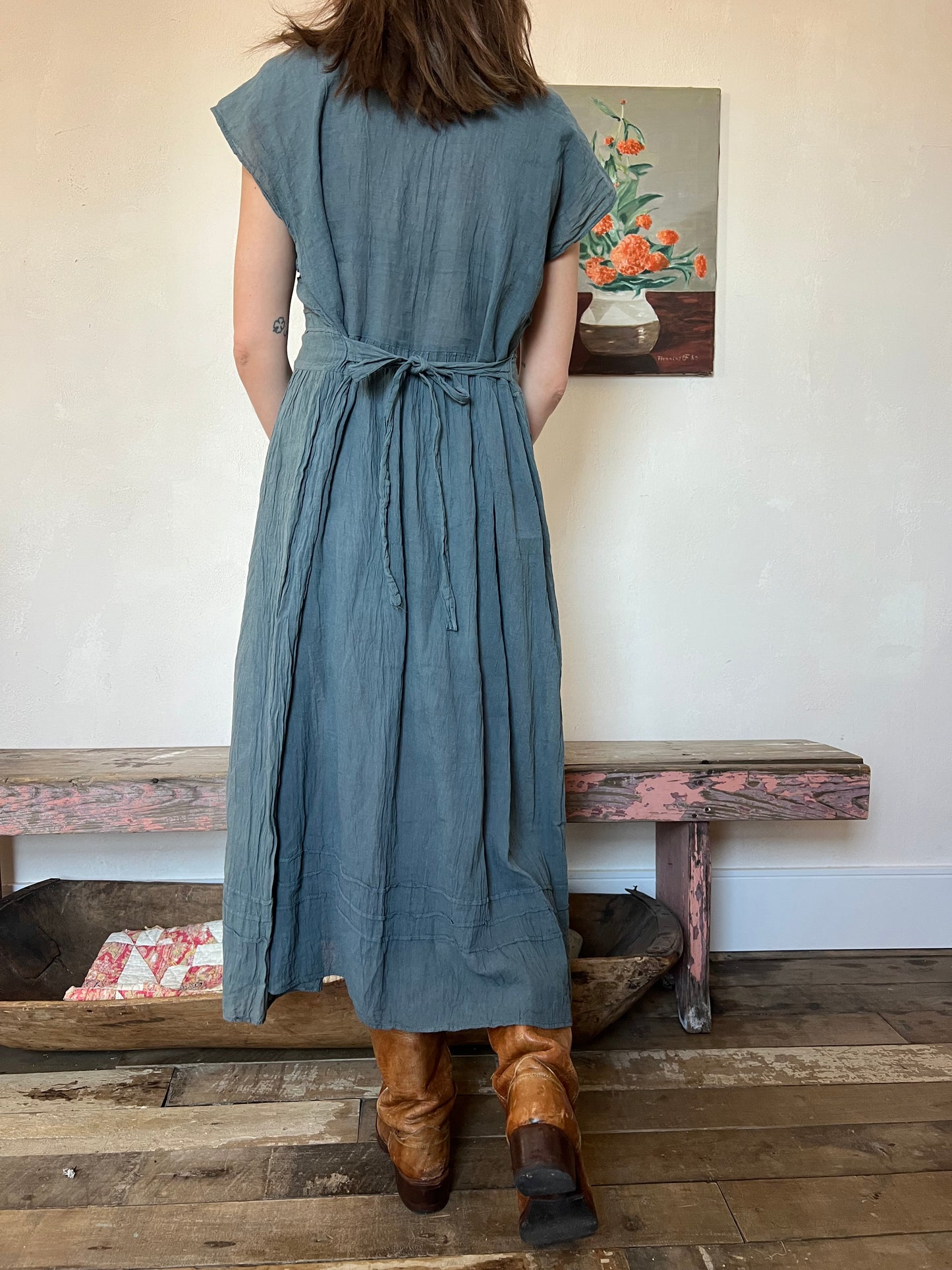Oaxacan Prairie Dress in Grey Blue