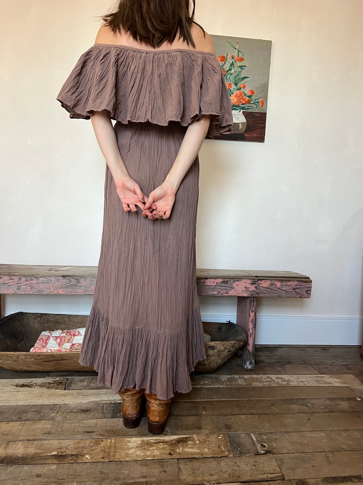 Oaxacan Off the Shoulder Ruffle Dress in Fawn