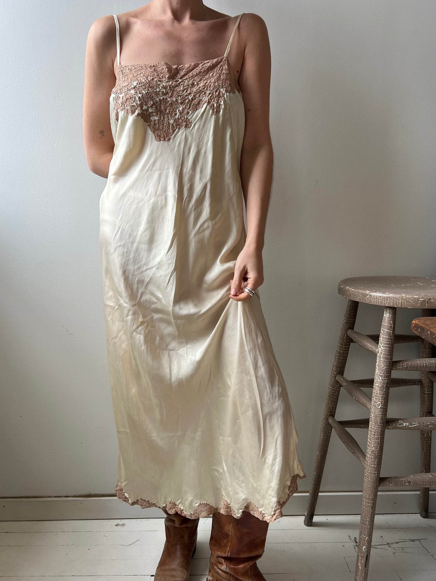 Cream and Tan Lace 1930s Silk Slip