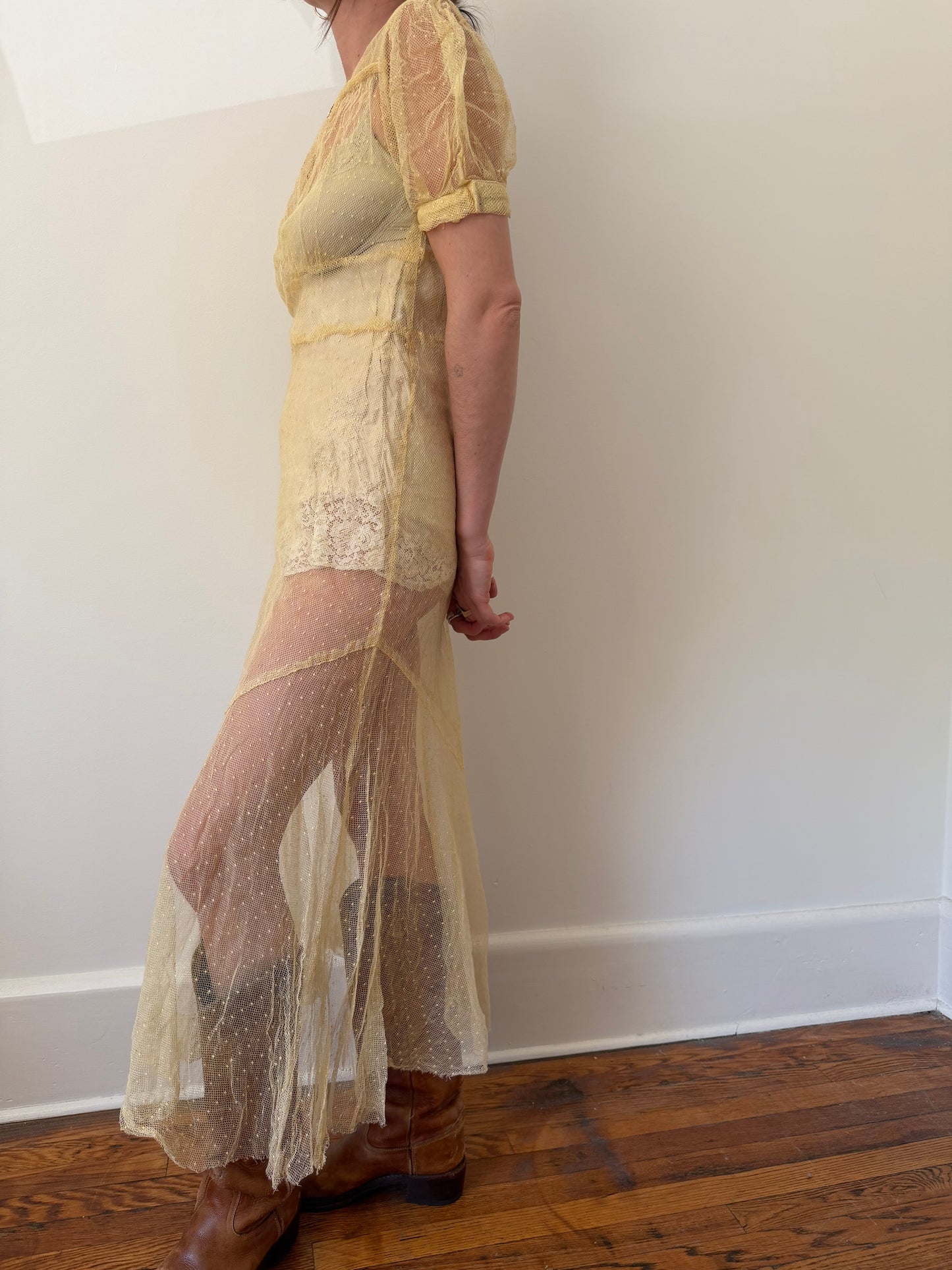 1930s Yellow Net Sheer Dress Overlay