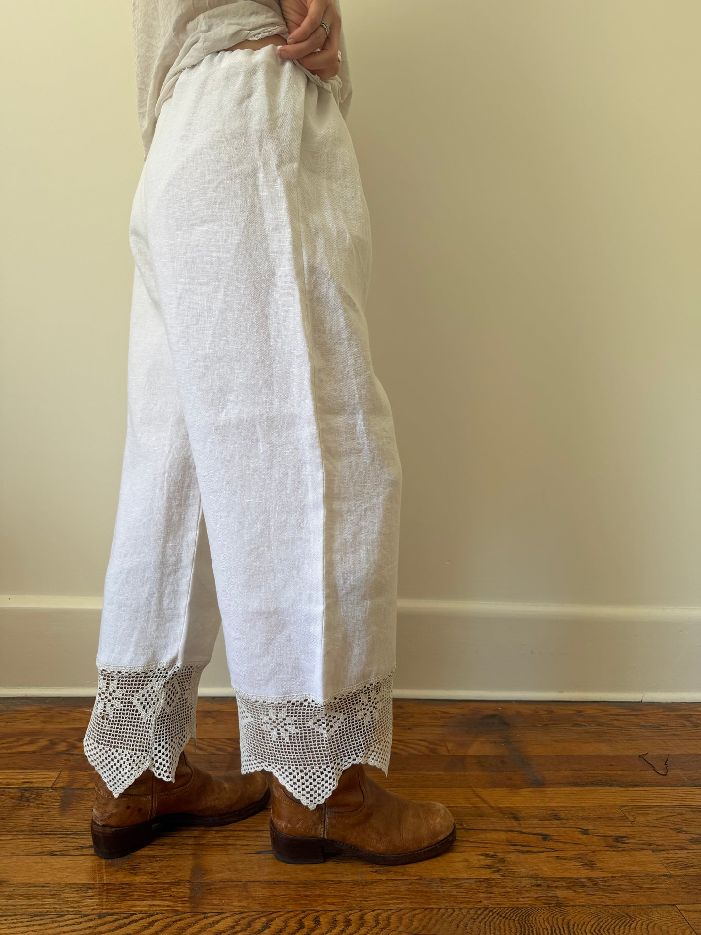Reworked Linen Bloomer Pants With Antique Crochet Lace Trim