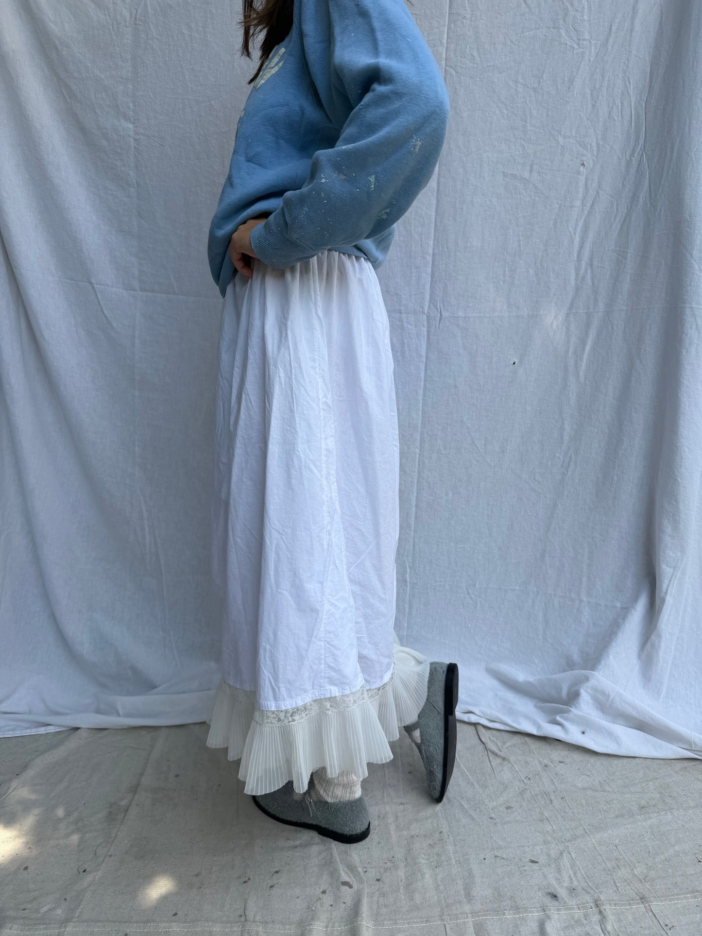 Antique Italian Cotton Skirt with Sheer Ruffle Trim
