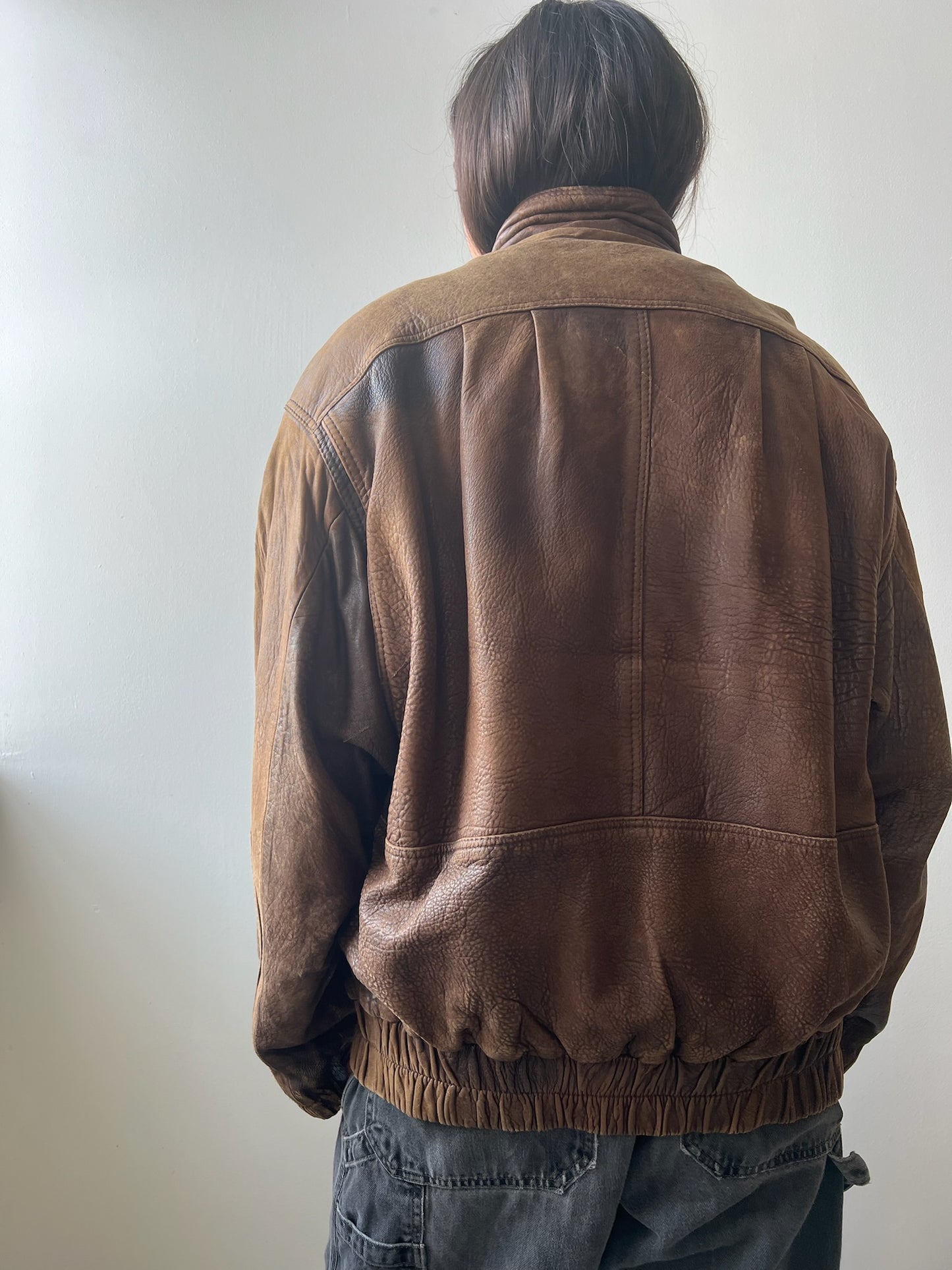 80s Faded Brown Leather Bomber Jacket