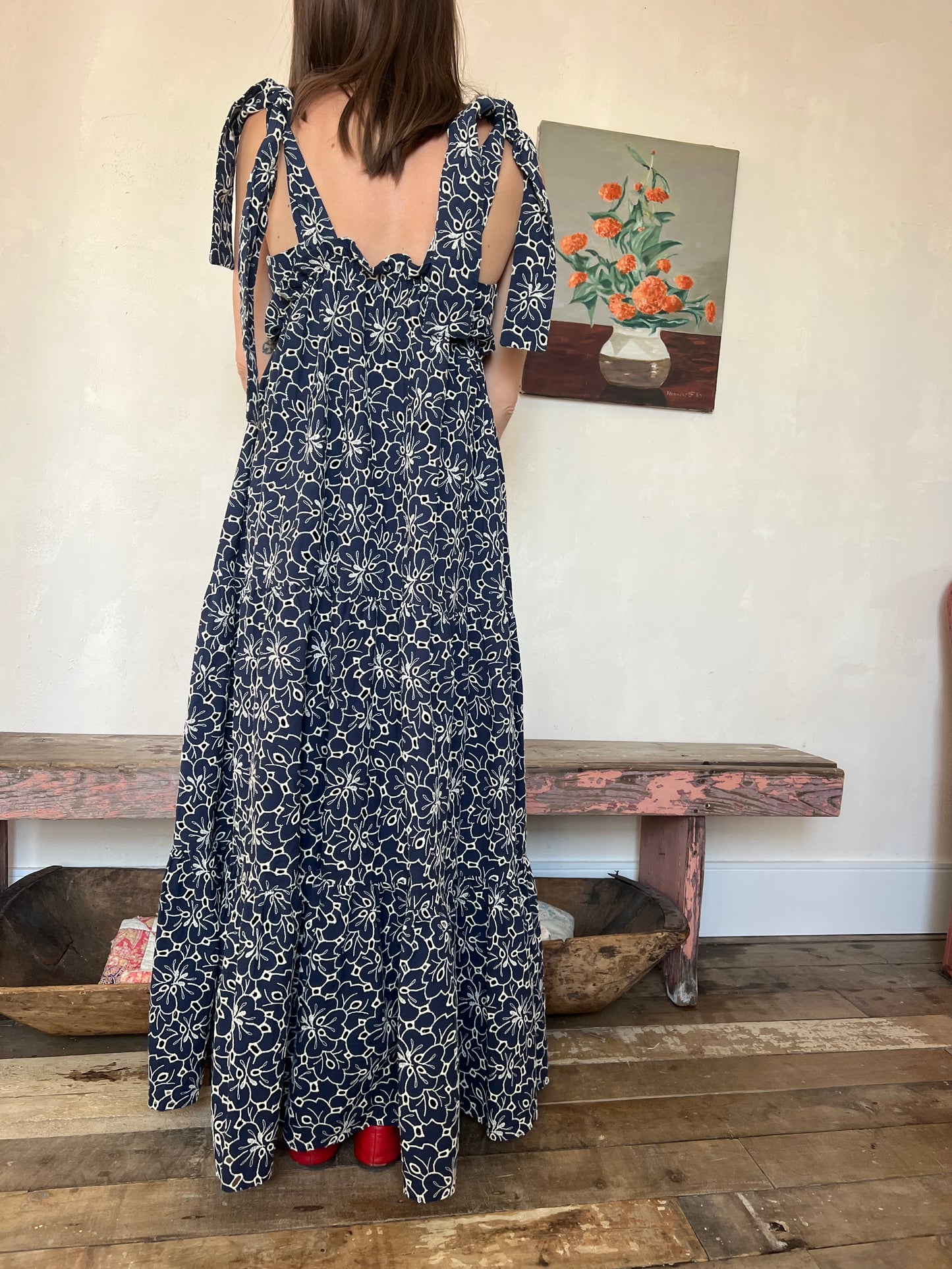 Navy + Cream Sezane Eyelet Ruffle Dress