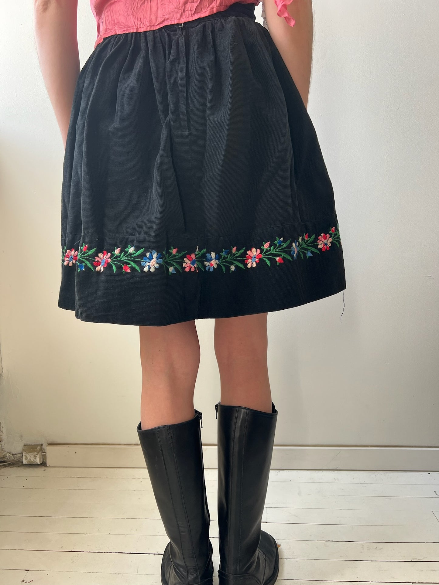 Black Floral Embroidered Corduroy Skirt