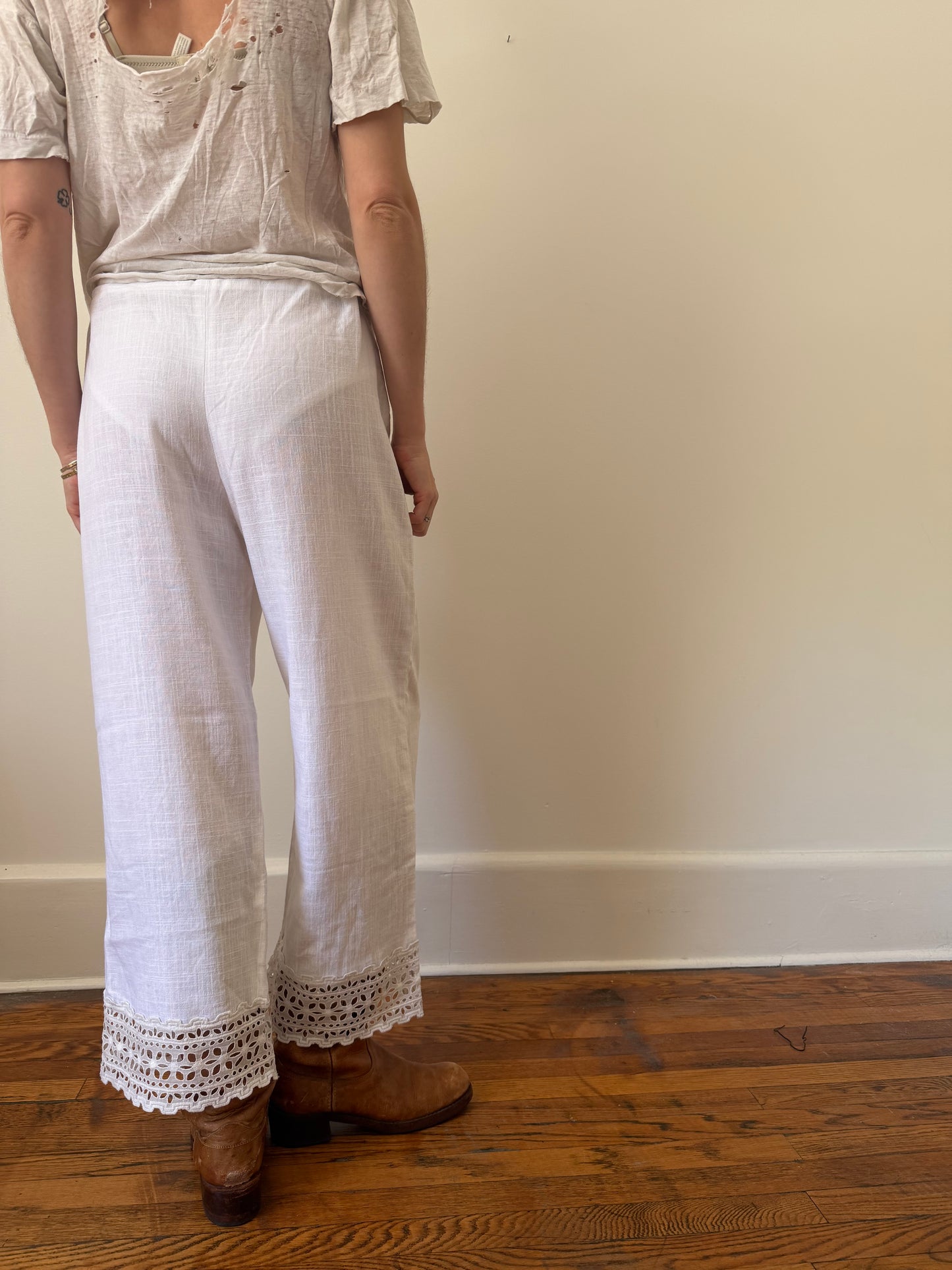 Reworked Linen Bloomer Pants With Antique Eyelet Trim