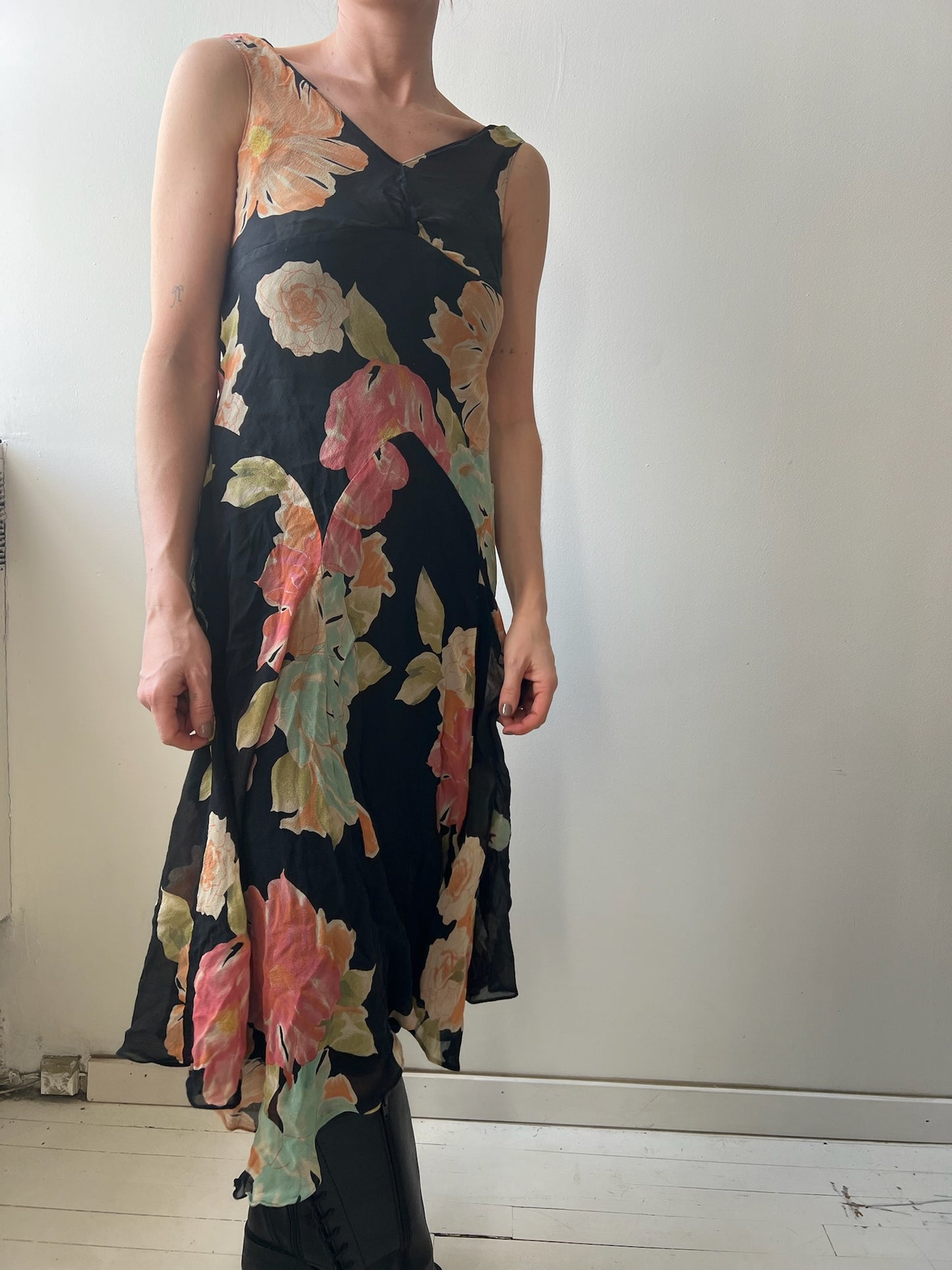 Silk Black Floral Dress