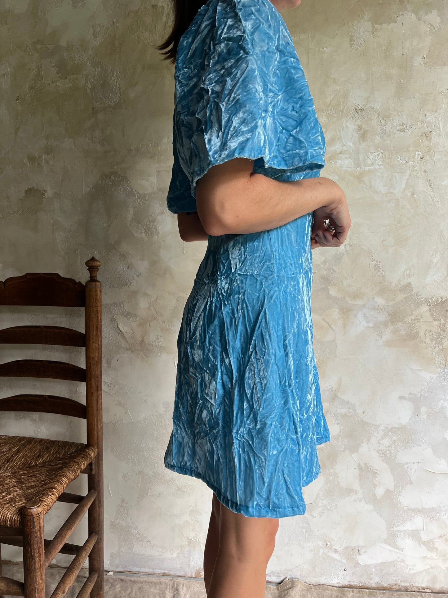 Blue Crushed Velvet Mini Dress