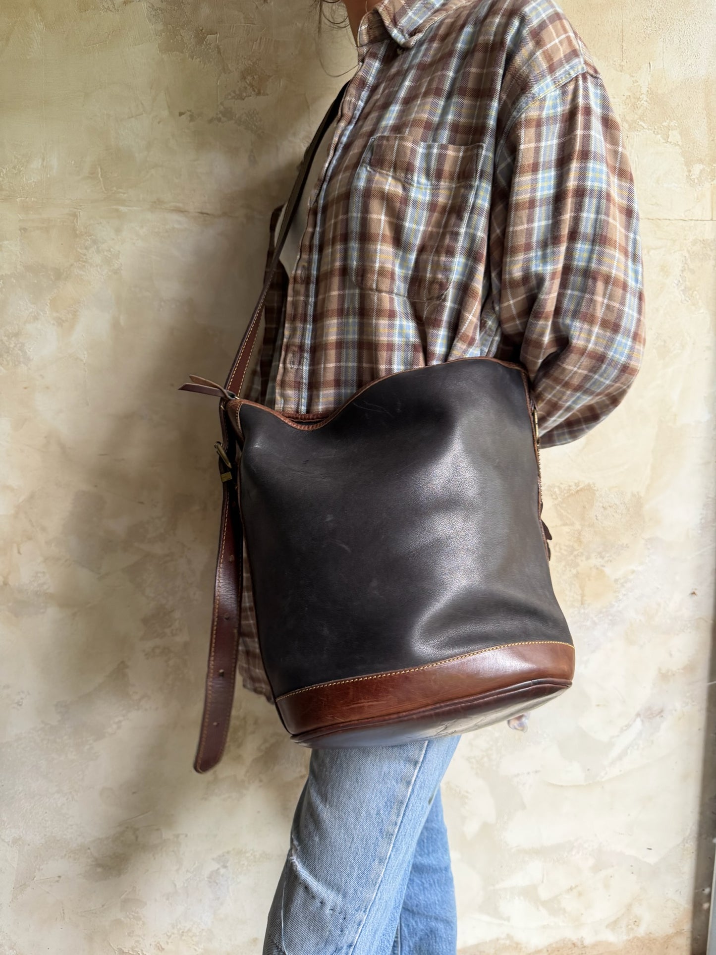 Roots Leather Bucket Bag