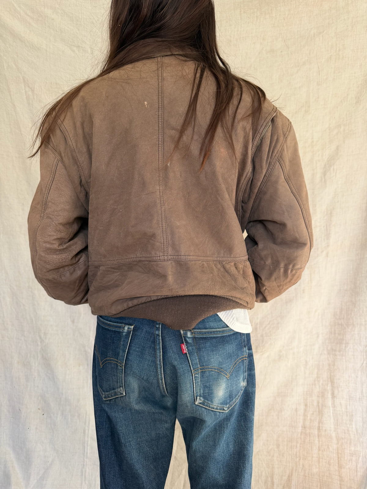 Faded Fawn Brown Leather Bomber Jacket