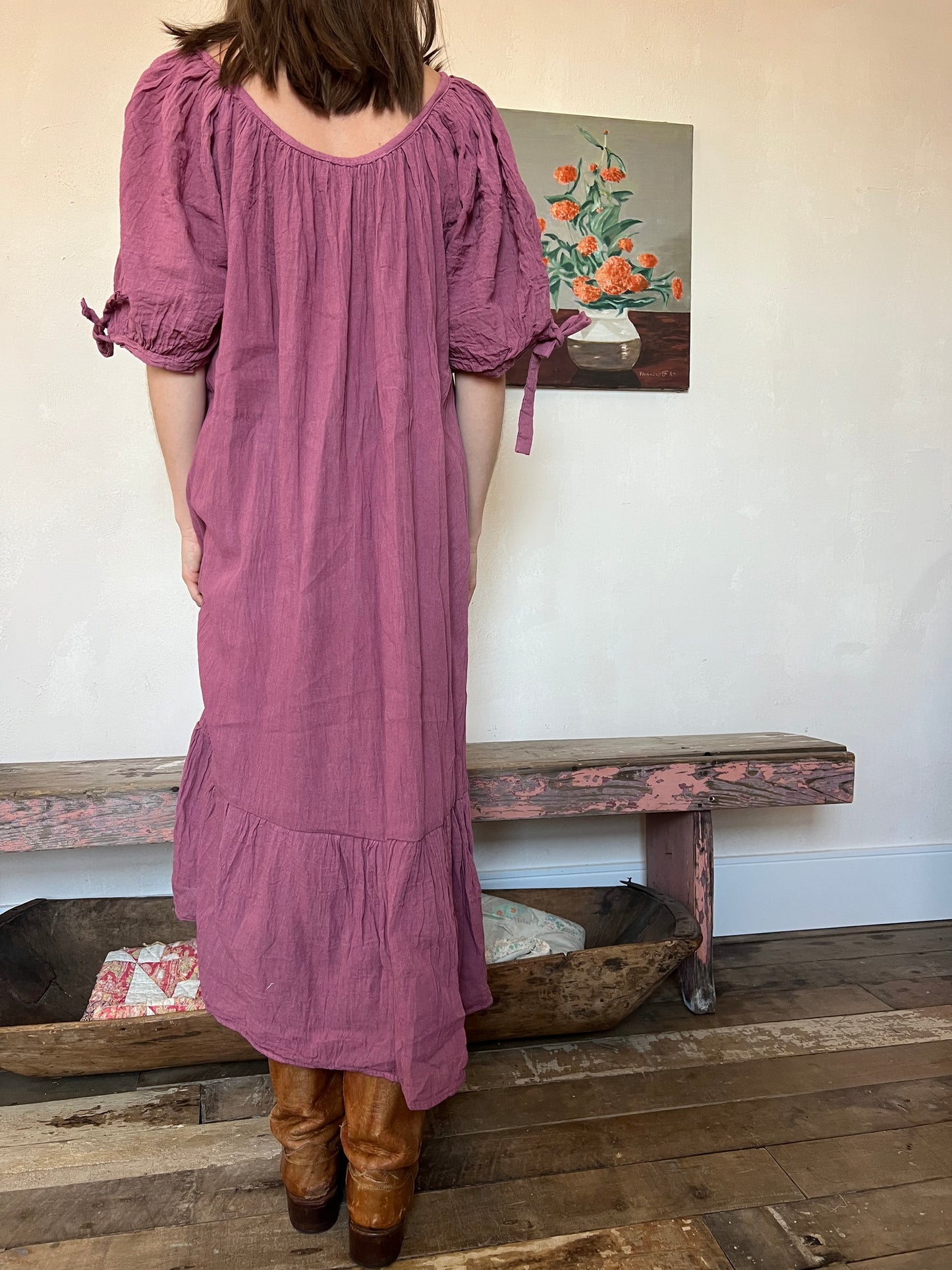 Oaxacan Balloon Sleeve Dress in Berry