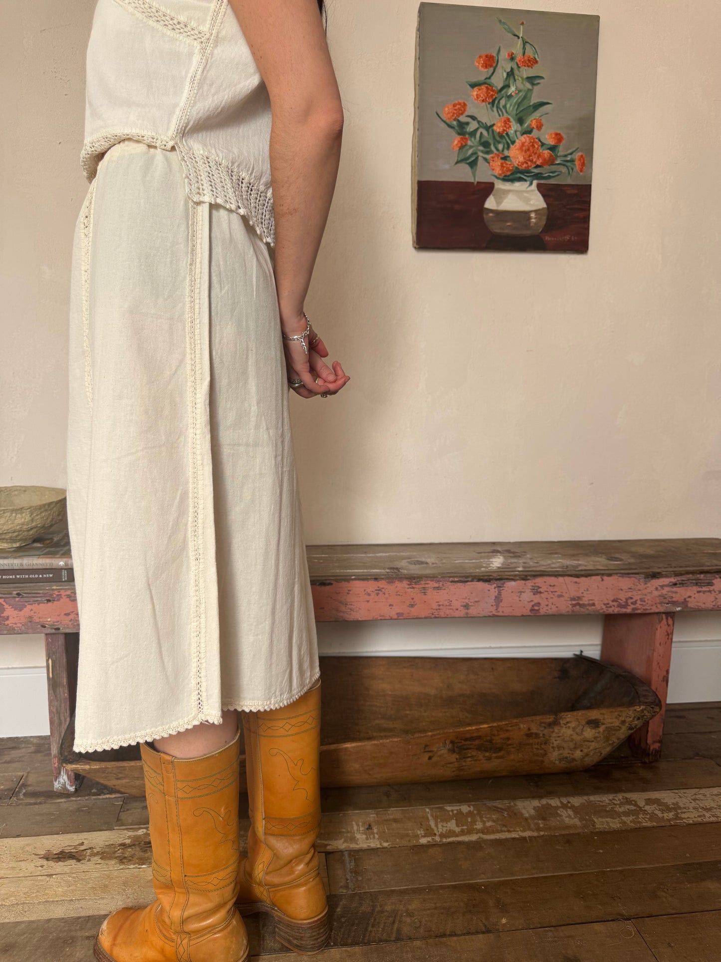 Natural Cotton Crochet Long Skirt