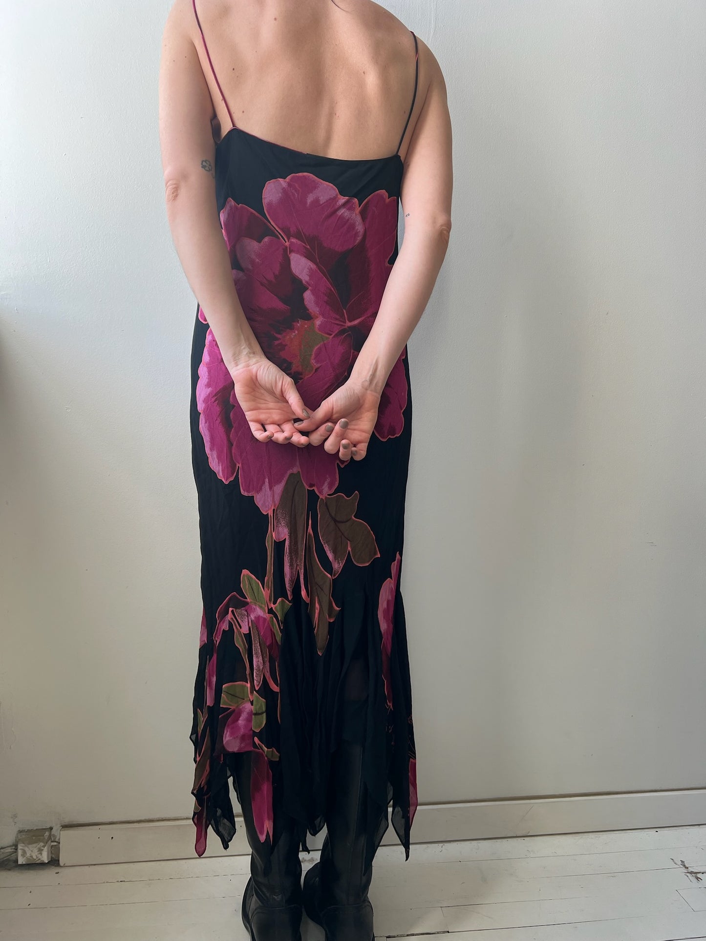 Black and Pink Floral Spaghetti Strap Flowy Dress