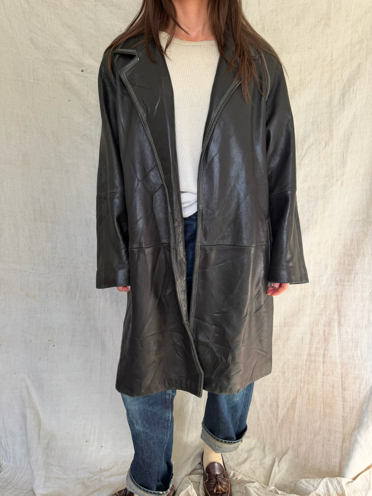 Butter Soft Black Leather Drop Coat