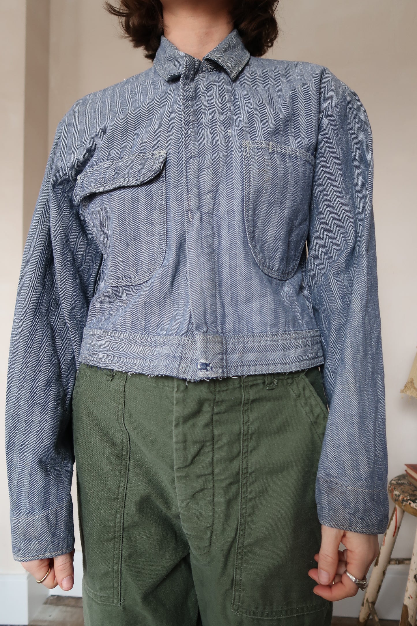 Striped Twill Cropped Chore Jacket