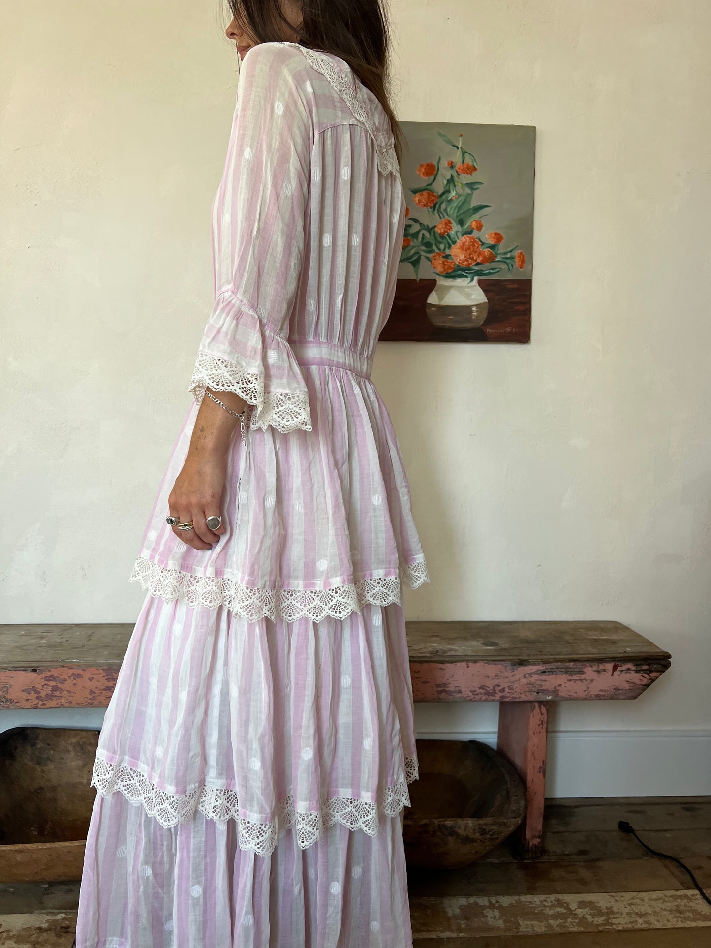 Lilac Striped Tiered Edwardian Dress
