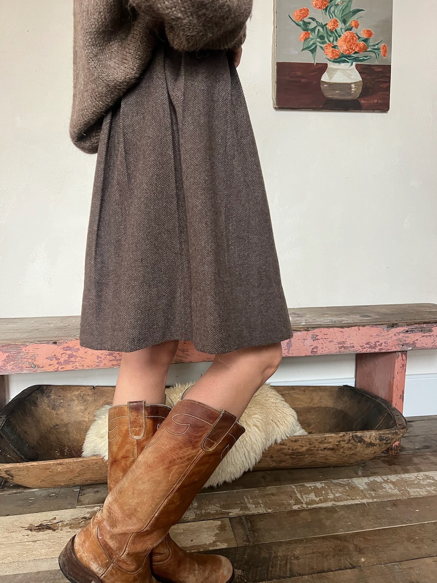 Brown Wool Twill Pleated Kilt