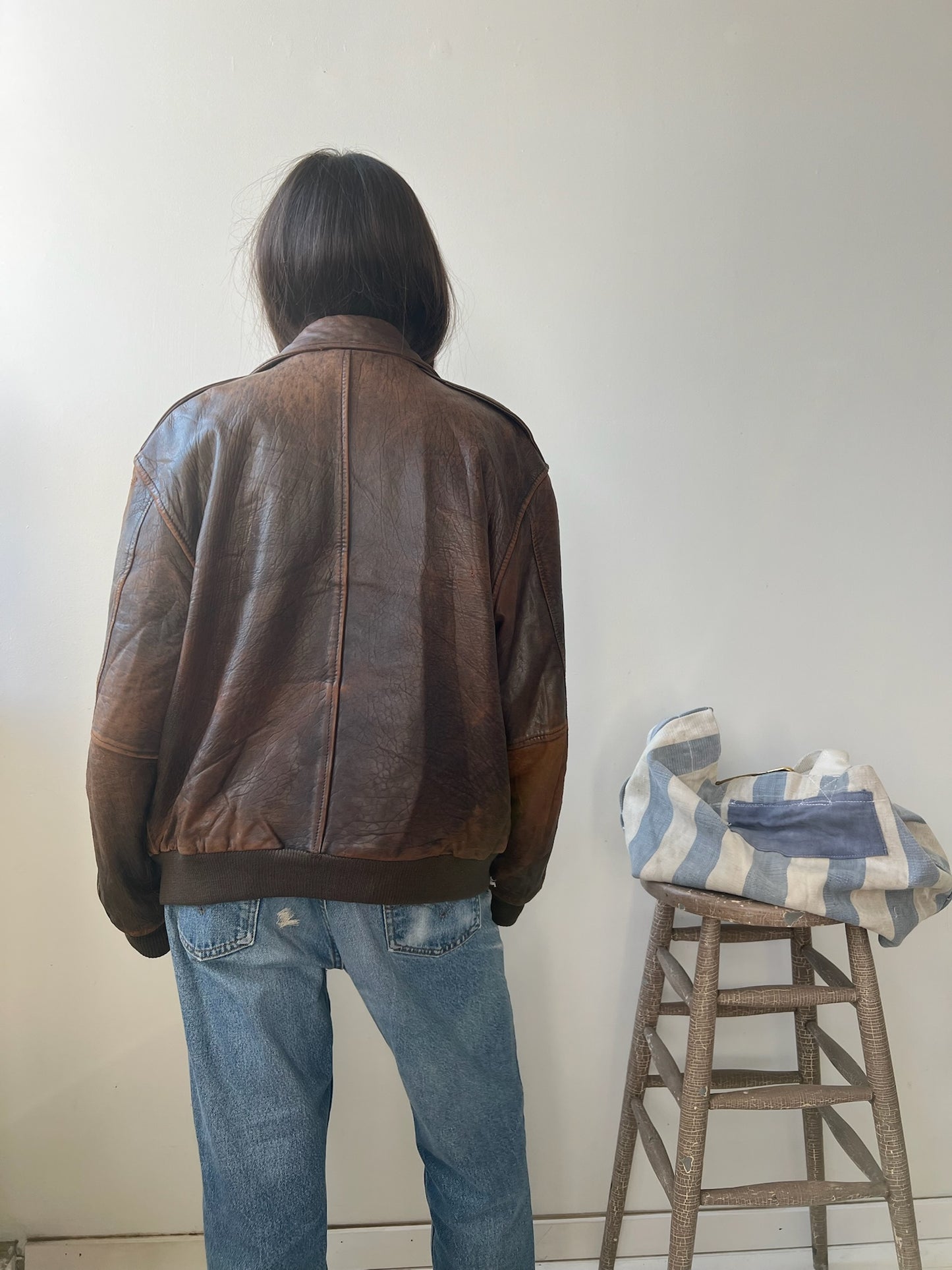 Faded + Worn Brown leather Bomber Jacket