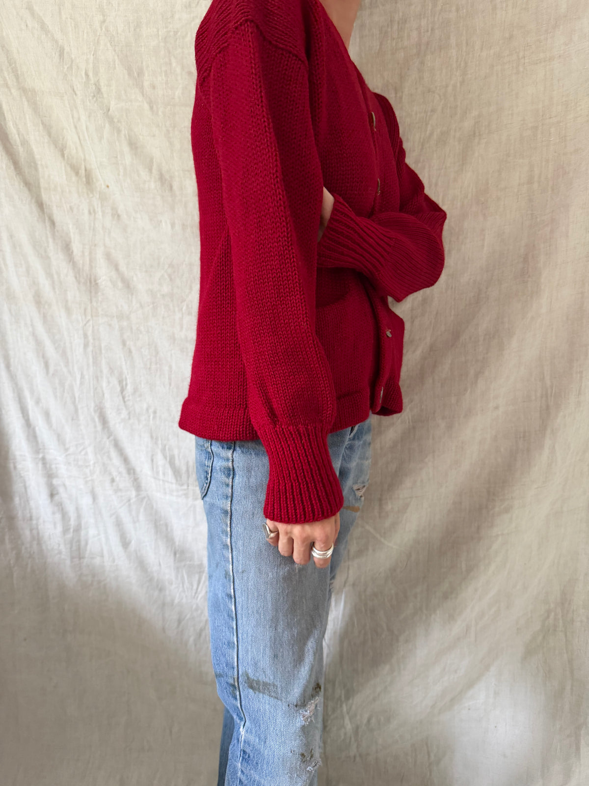 Cherry Red Hand-knit Cardigan