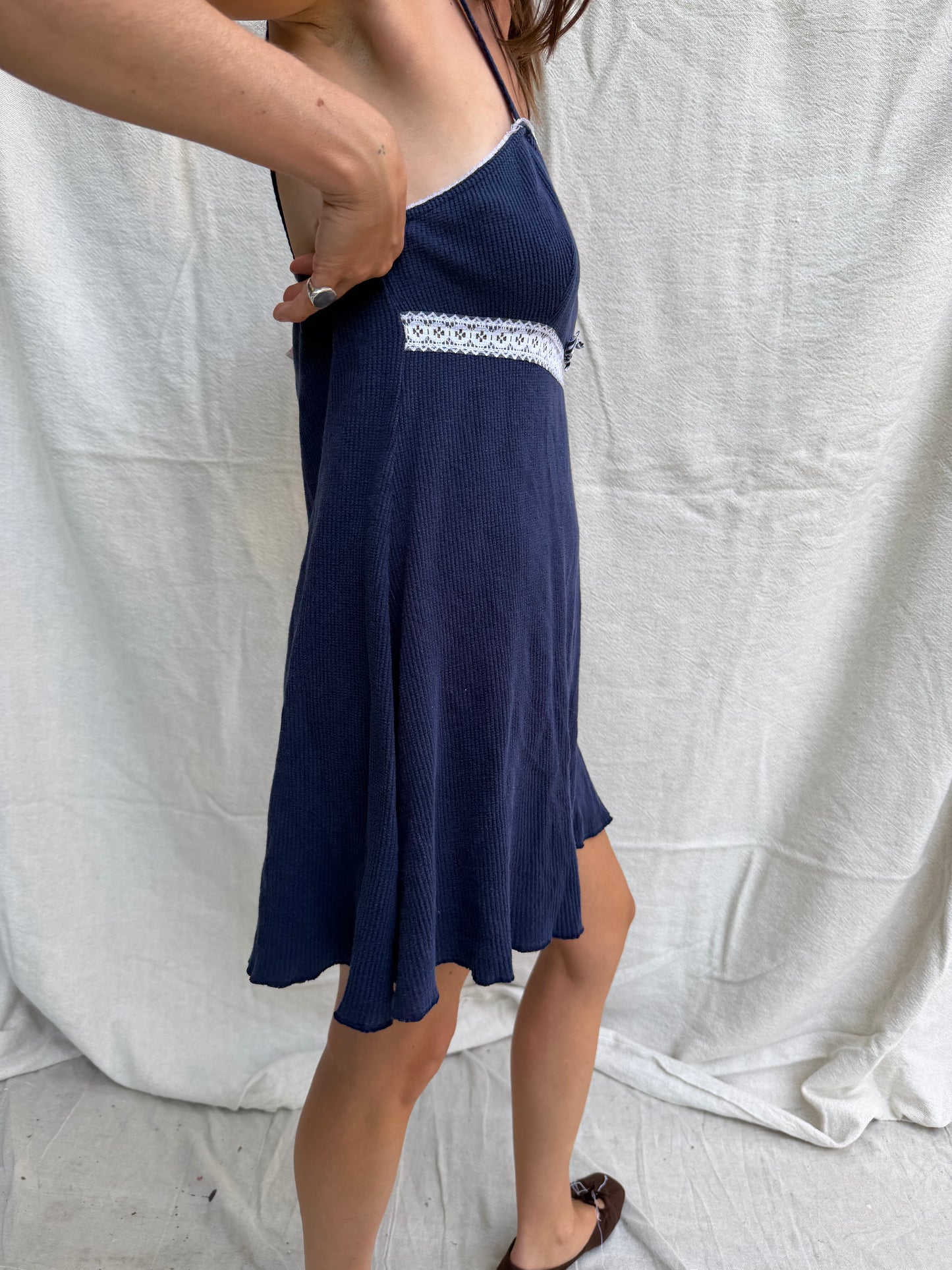 Navy Waffled Spaghetti Strap Dress