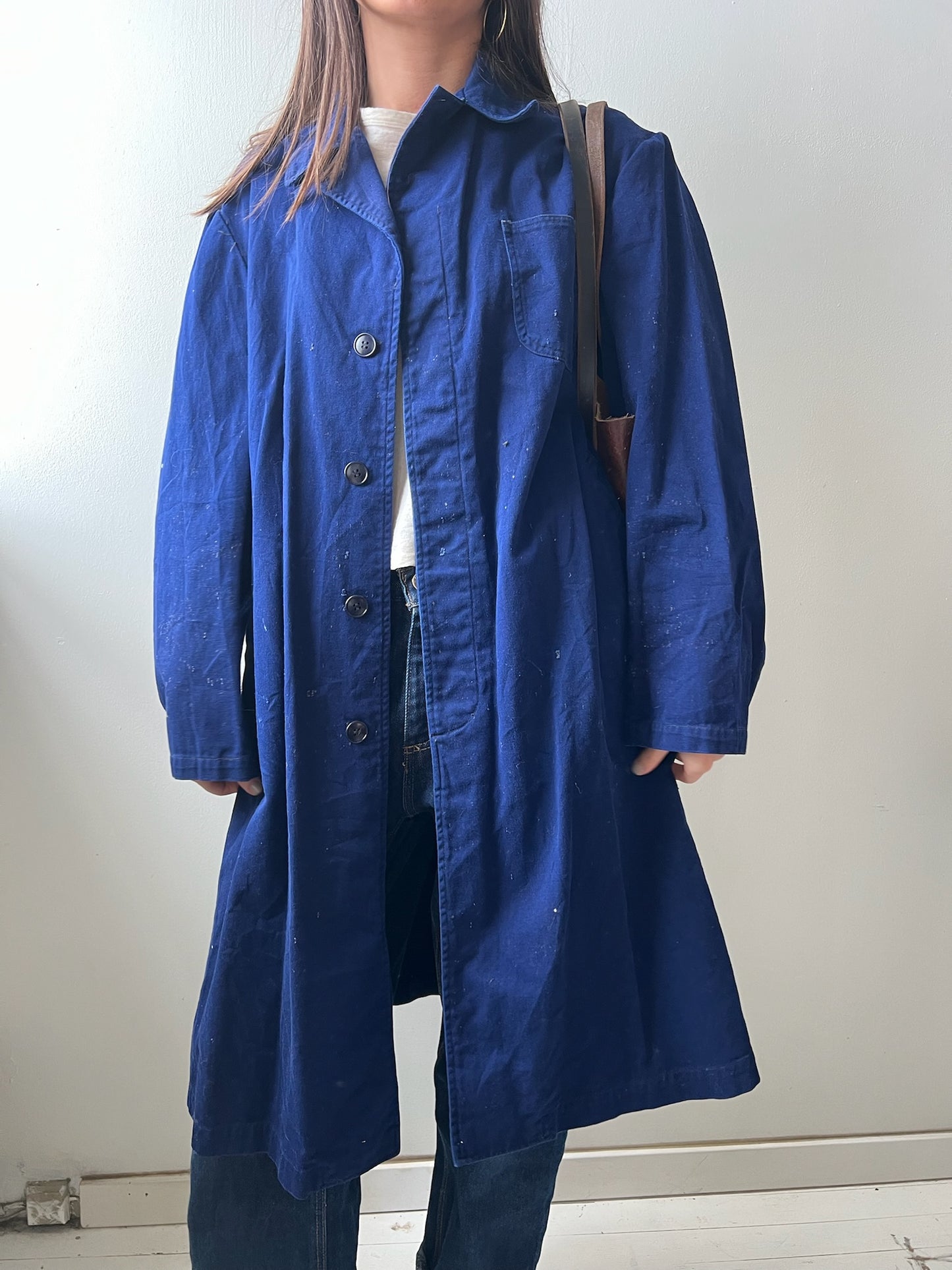 Long Indigo Blue Chore Trench Jacket