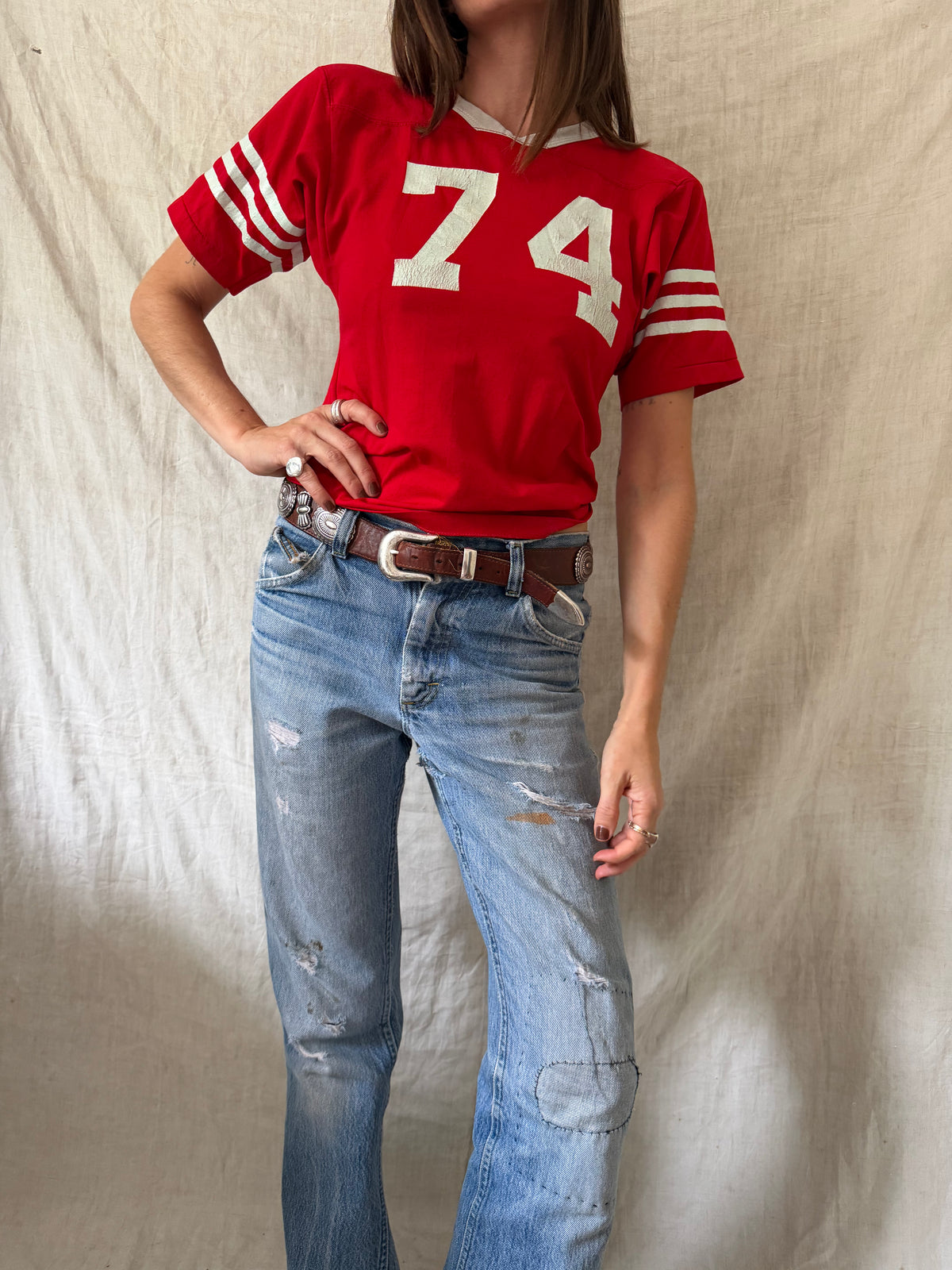Red '74' Baby Tee Jersey