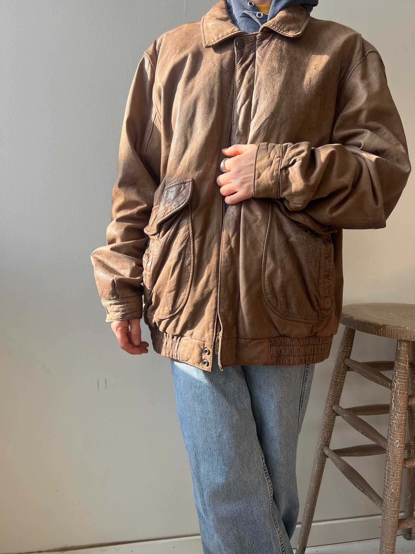 Fawn Brown Leather Bomber Jacket