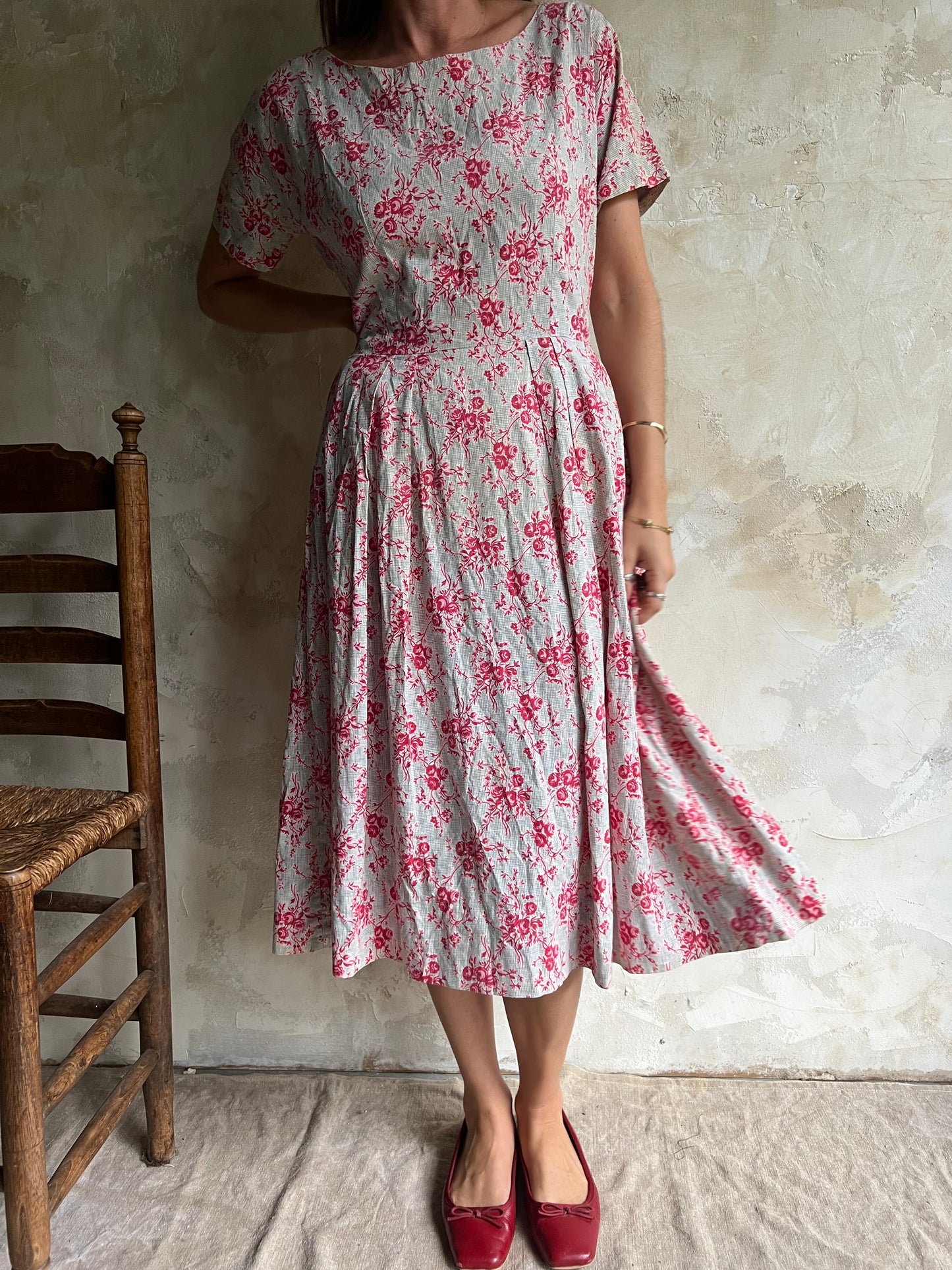 Red Floral Pleated Dress