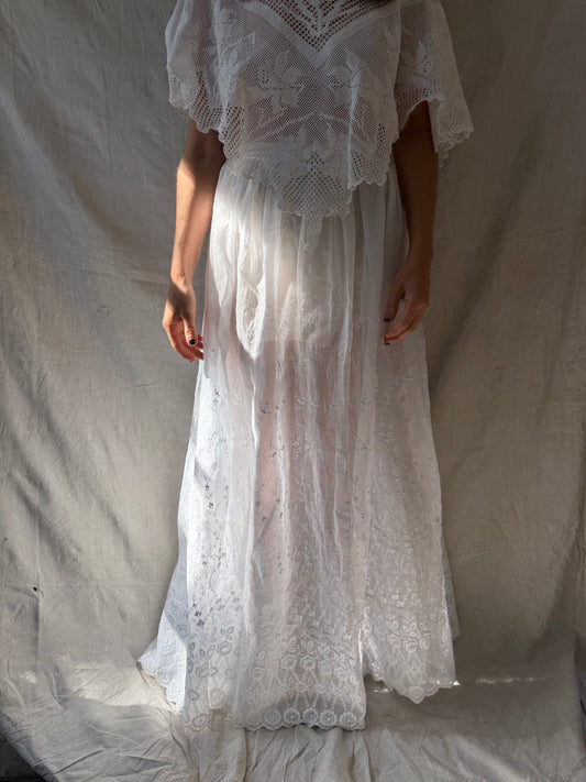 White Cotton Floral Embroidered Antique Long Skirt