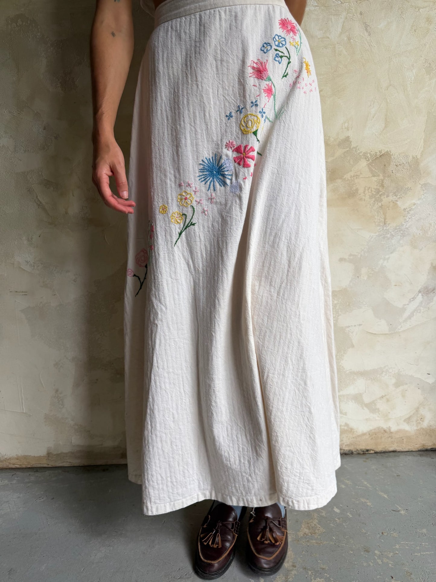Handmade Natural Twill Embroidered Skirt