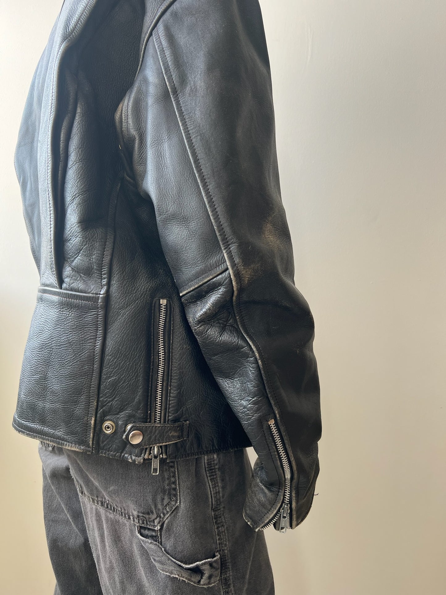 Faded Black Leather Biker Jacket