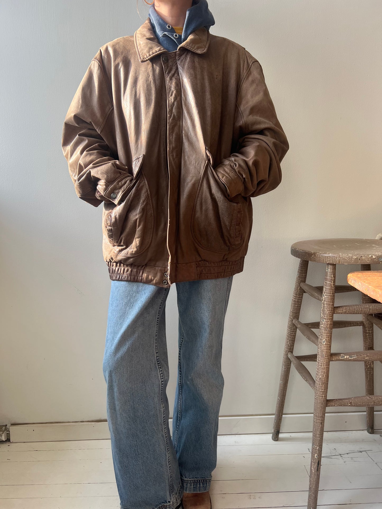 Fawn Brown Leather Bomber Jacket