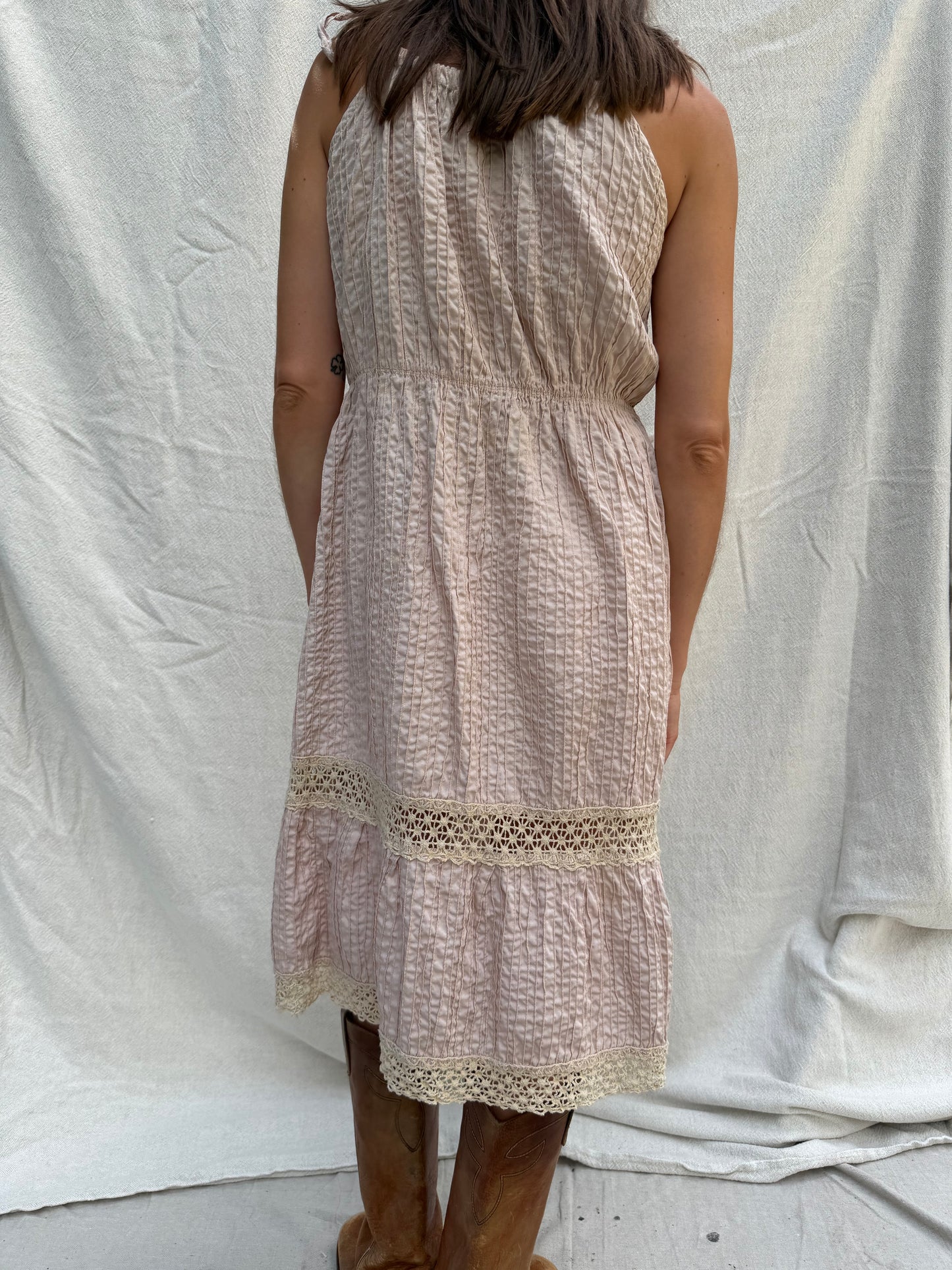 Dusty Rose 70s Crochet Tiered Dress