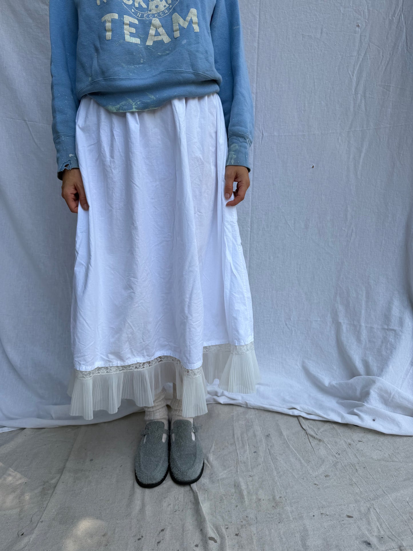 Antique Italian Cotton Skirt with Sheer Ruffle Trim