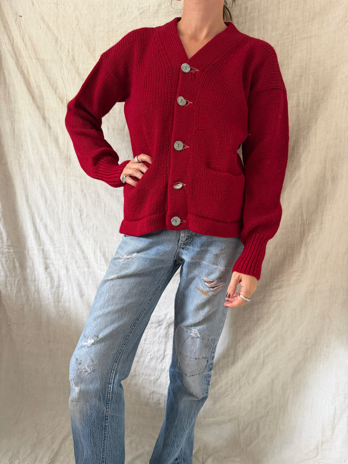 Cherry Red Hand-knit Cardigan